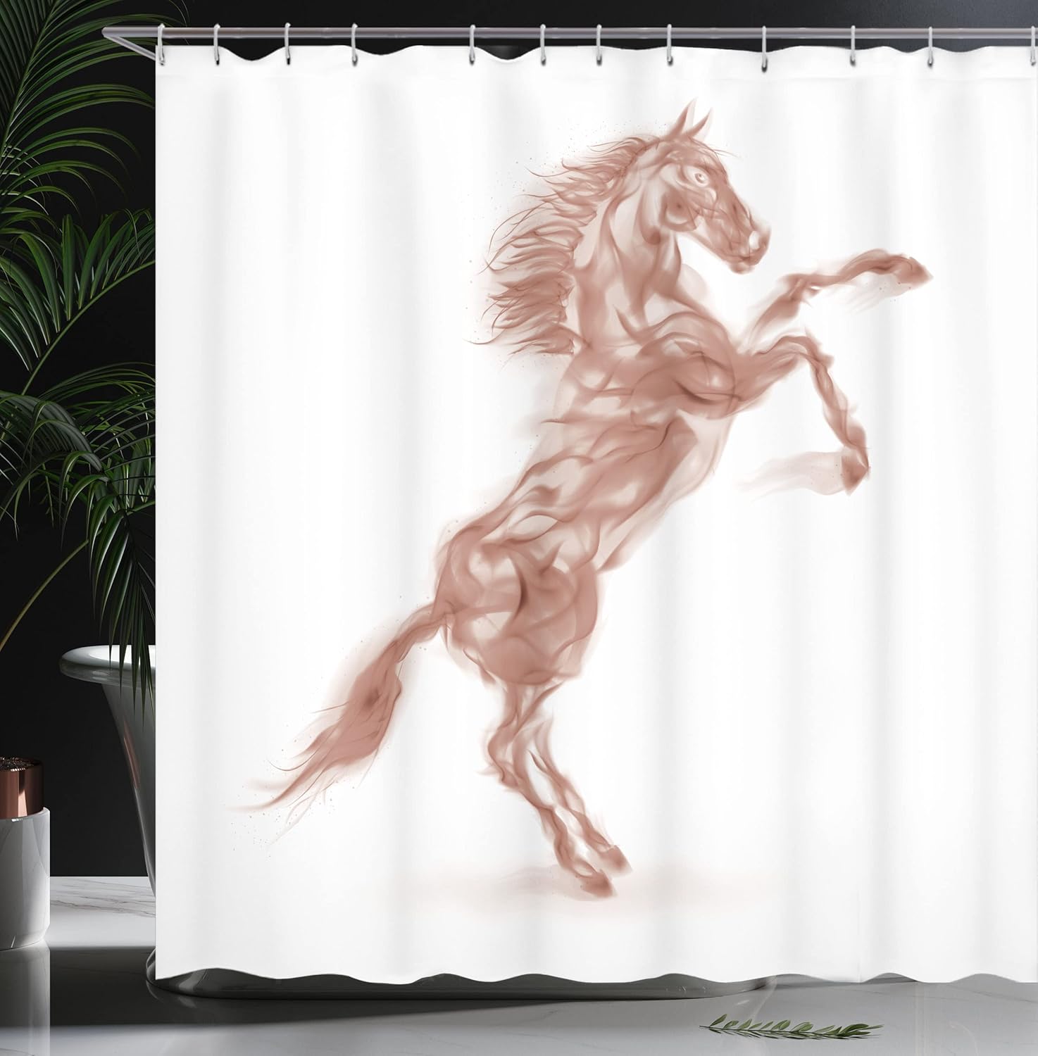 Ambesonne Horses Shower Curtain, Gallop Animal Motif Rearing up Blazing Devilish Moving Freely Theme, Cloth Fabric Bathroom Decor Set with Hooks, 69" W x 75" L, Soft Rust