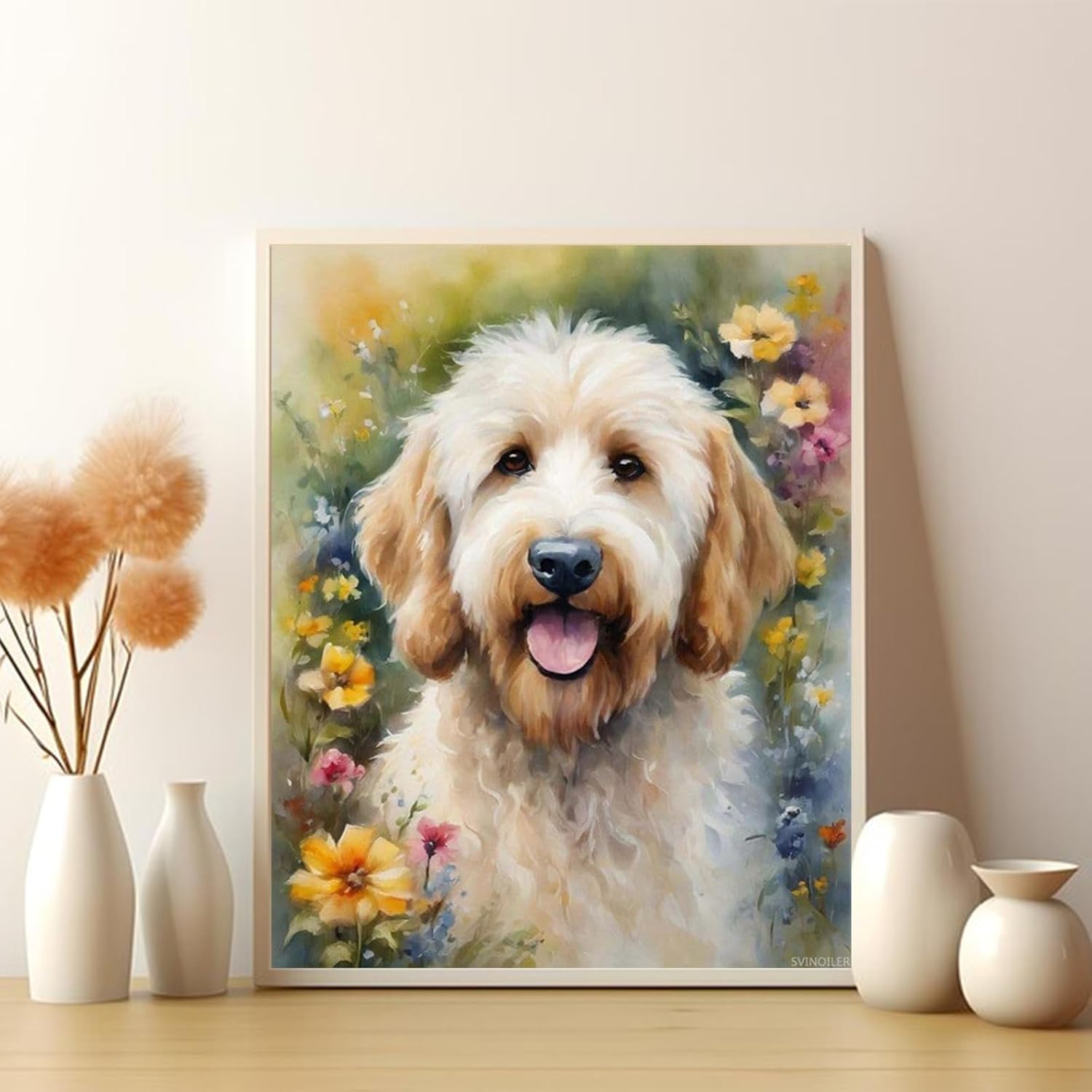 SVINOILER DIY Oil Painting Paint by Number Kit Frameless Goldendoodle Dog Among Flowers Paint by Numbers Oil Painting Canvas Print Wall Art Home Decoration 16x20 Inch
