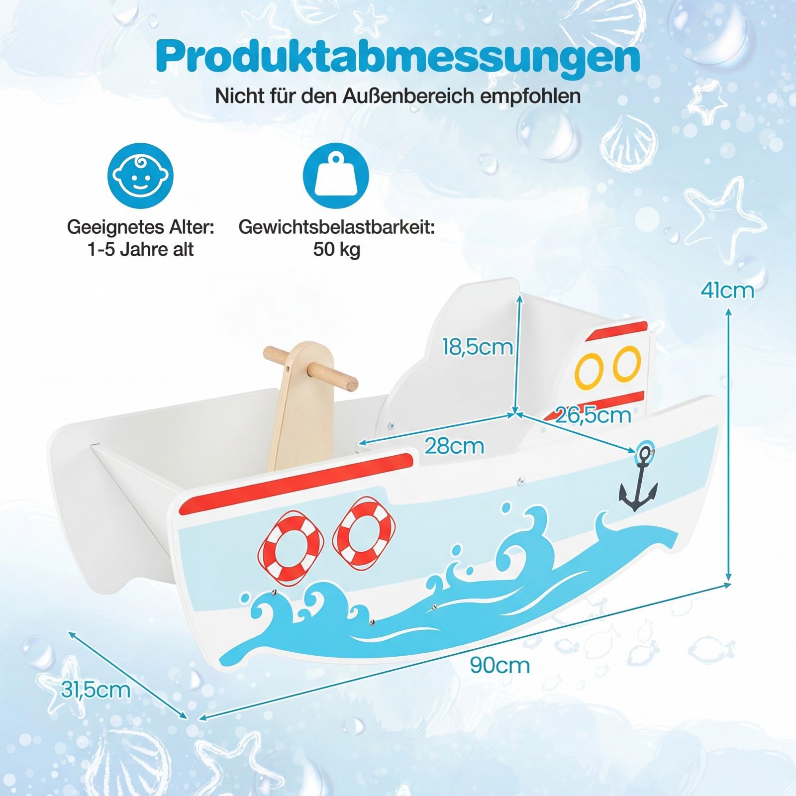 COSTWAY Schaukelboot Kinder ab 1 Jahr, Holz-Schaukelpferd mit nautischem Design, Birkenholz-Griffe, breiter Sitz & Rückenlehne, 40° Schaukelbereich, Schaukelwippe, belastbar bis zu 50 kg