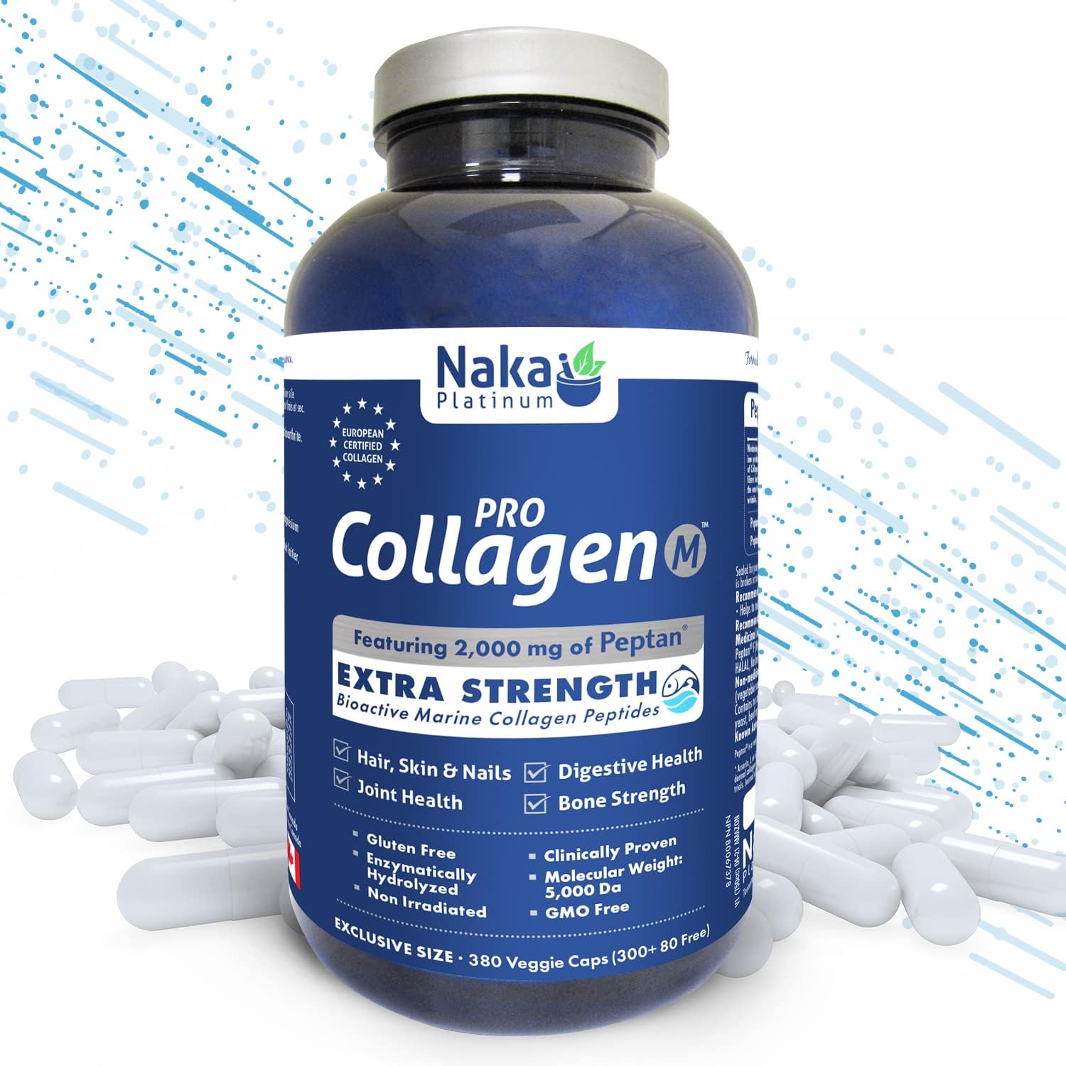 Pro Marine Collagen Capsules -2000 mg of Collagen Peptides Protein Supplement to Support Joints, Hair, Skin and Nails - 380 Gluten-Free Veggie Caps