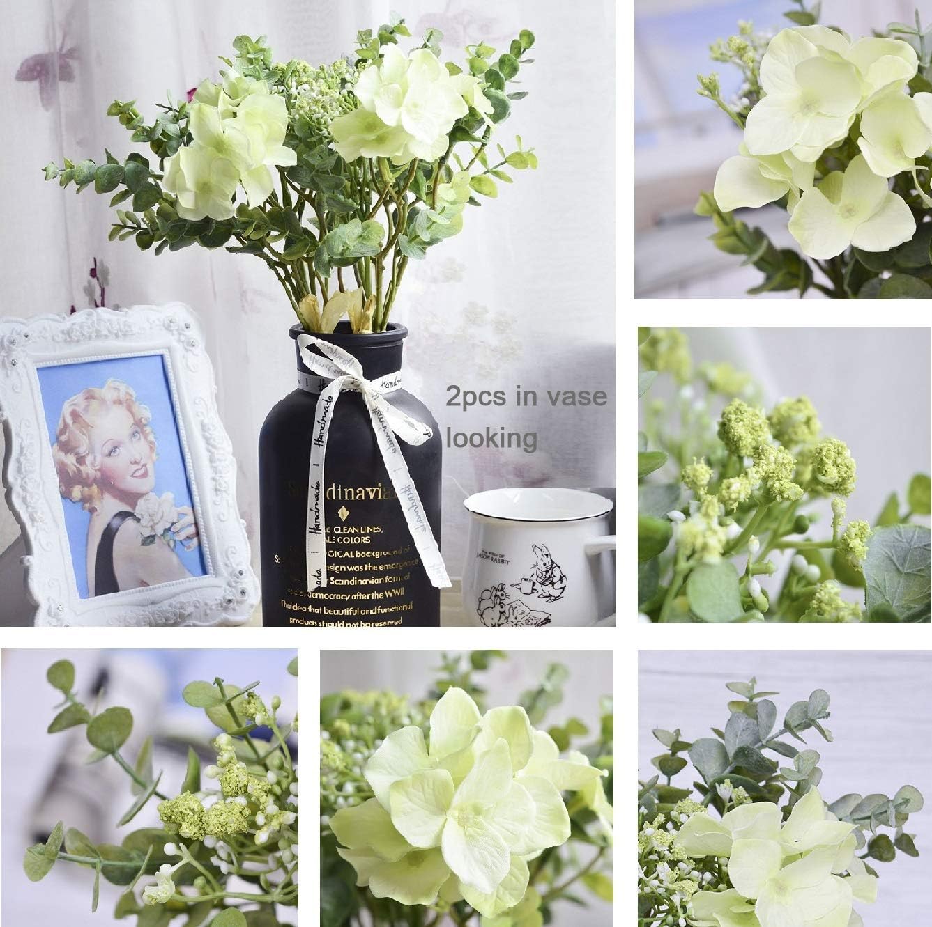 Baby Plum Hydrangea/Eucalyptus 1 Pcs Artificial Silk Fake Flowers for DIY Spring Wreath Wall Decor Wedding Party Decorations Artificial Fake Plants Office Decorations Kitchen Home Decor(Green)