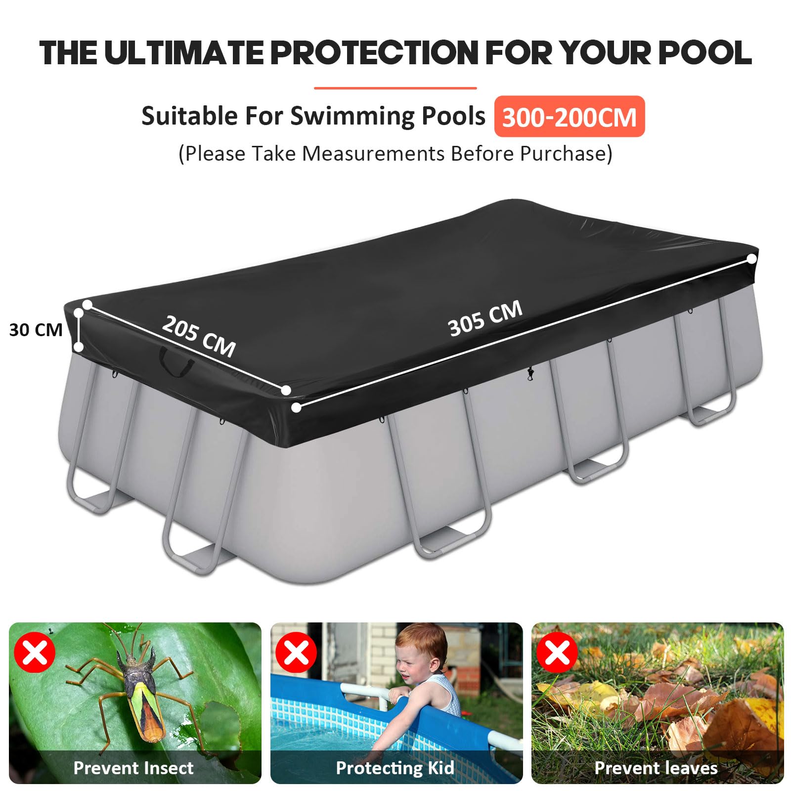 Telo Piscina Rettangolare 420D 305x205x30cm 300x200cm con Cordino | Nero, con cordino e picchetti da terra, impermeabile, anti-UV, resistente agli strappi, estate/inverno, per INTEX e BESTWAY
