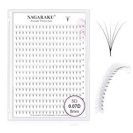 NAGARAKU Premade Fans Eyelash Extensions 320 Fans 5D Volume 0.07mm D curl 8mm Sharp Narrow Stem Clusters Thin Pointy Base Russian Pre Fanned Fluffy Matte Black