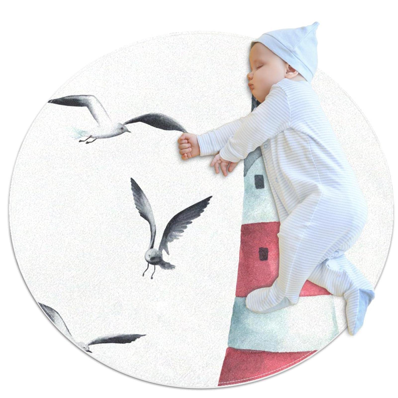 Tapis de jeu rond phare et oiseau pour la chambre des enfants 80x80cm