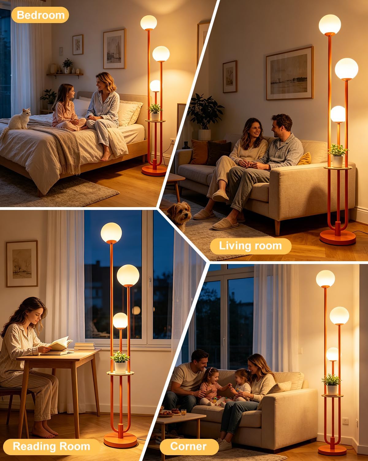 Lightdot 63IN Orange Floor Lamp with Shelf Mid Century Modern Tall Standing Lamps with 3000K Warm White Bulb Included Dimmable Globe Floor Lamp for Living Room/Party/Sofa Beside/Corner Decor