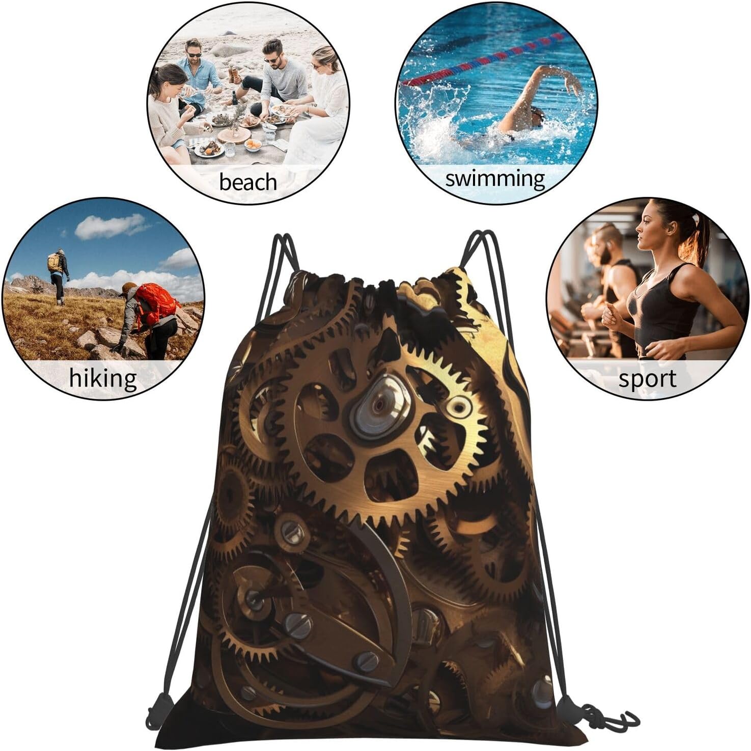 Cool Steampunk Gearssport Fitness Drawstring Backpack With Shoe Compartment, Dry/Wet Separation Lacing Bag, Suitable For Yoga, Dance, Swimming, Hiking, Travel, Camping, Lightweight Everyday image 5