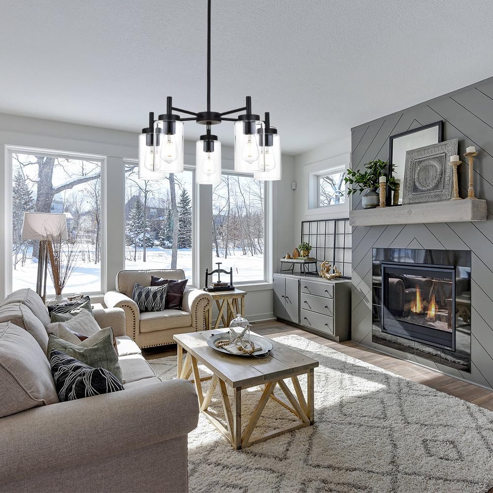 VINLUZ 5 Light Contemporary Chandeliers Black Modern Lighting Fixtures Hanging,Industrial Vintage Pendant Lights with Clear Glass Shade Flush Mount Ceiling Light for Dining Room Bedroom Black 5 Light