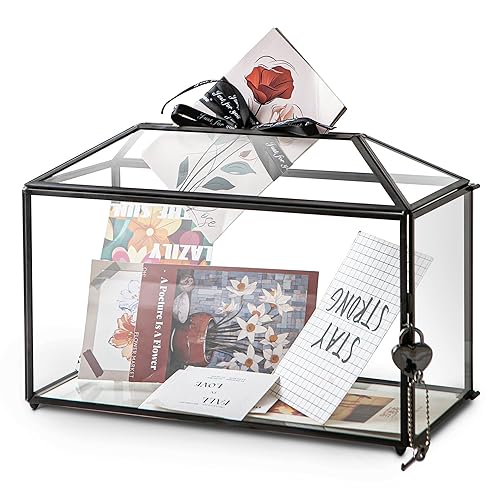 Sanllusit 12.6" x 6" x 9" Wedding Glass Card Box with Slot and Lock for Wishing Well, Keepsake, Envelope - Birthday Party Reception Decor, Black (Glass Box Only) Slot Length 7.3 Inches