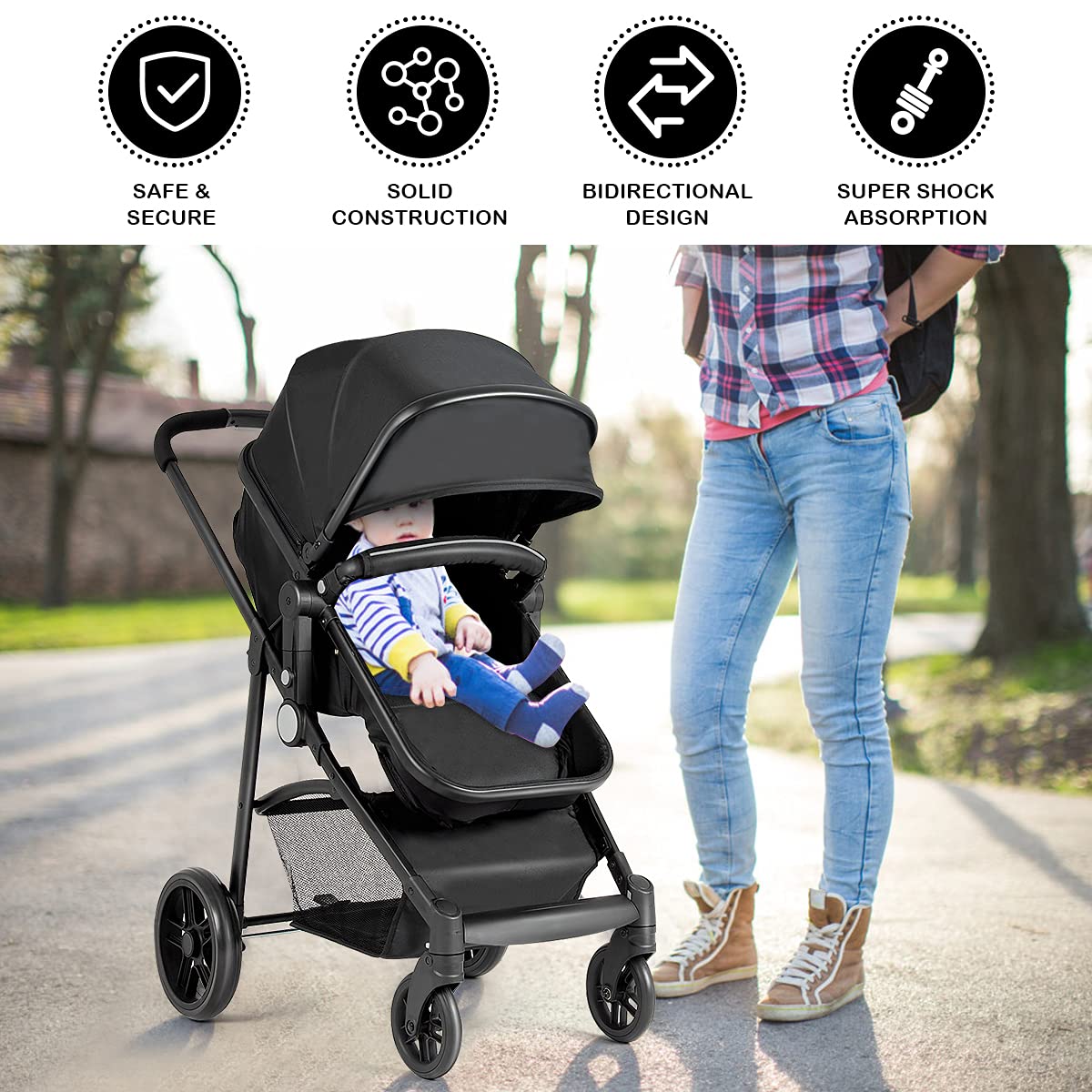 HOMGX 2 in 1 Convertible Baby Stroller, Folding High Landscape Toddler Stroller w/Adjustable Canopy & Backrest, Lightweight Newborn Infant Pushchair w/Foot Muff, 5-Point Harness (Black)