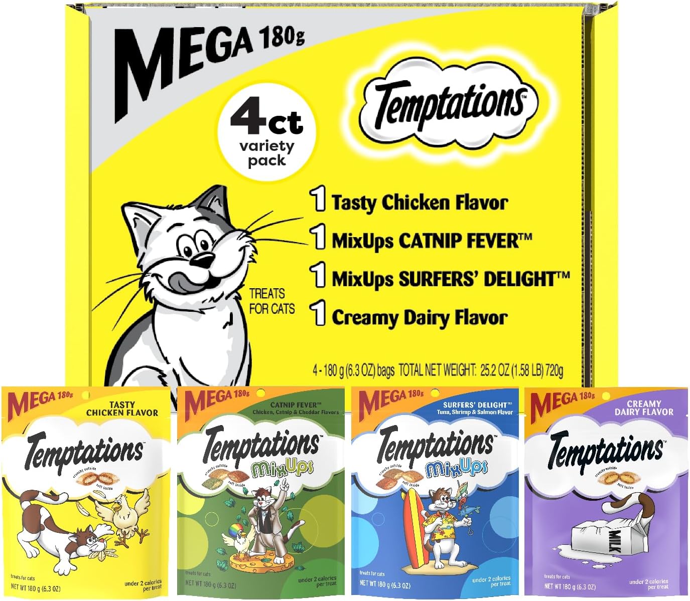 Temptations Cat Treats Classic Crunchy and Soft Cat Treats Variety Pack, 6.3 oz. Pouches (Pack of 4)