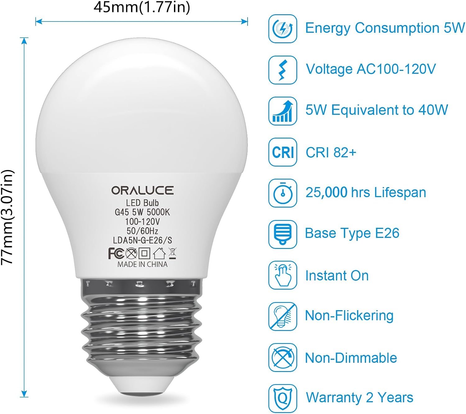 ORALUCE A15 Light Bulbs 40 Watt Daylight White 5000K, Small LED Light Bulb 5 Watt, G45 E26 Medium Base Lightbulb 450 Lumen for Appliance,Non-Dimmable,12 Pack