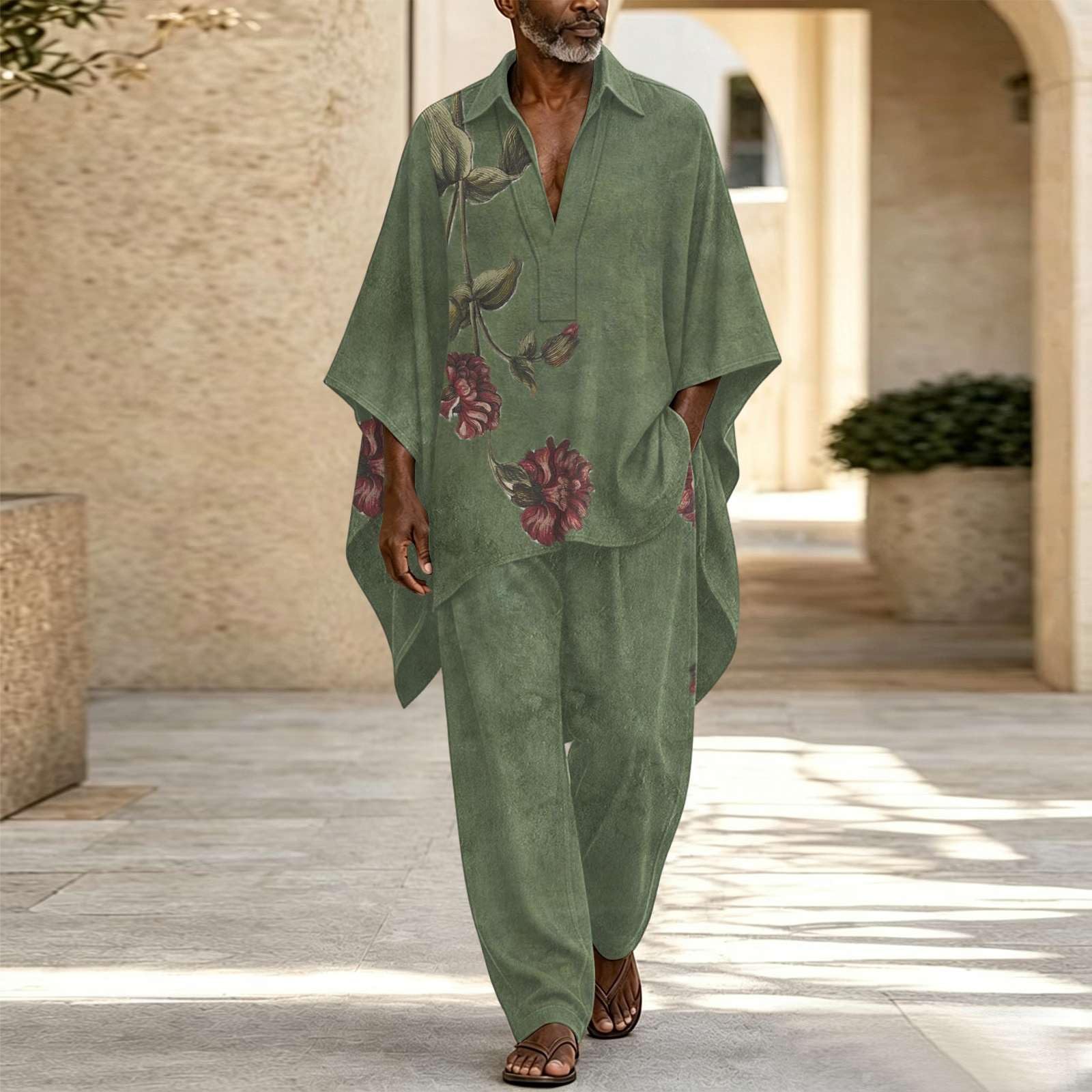 Herren Set Ethno Oberteil und Hose Boho Kaftan Tunika Vintage Loose Retro