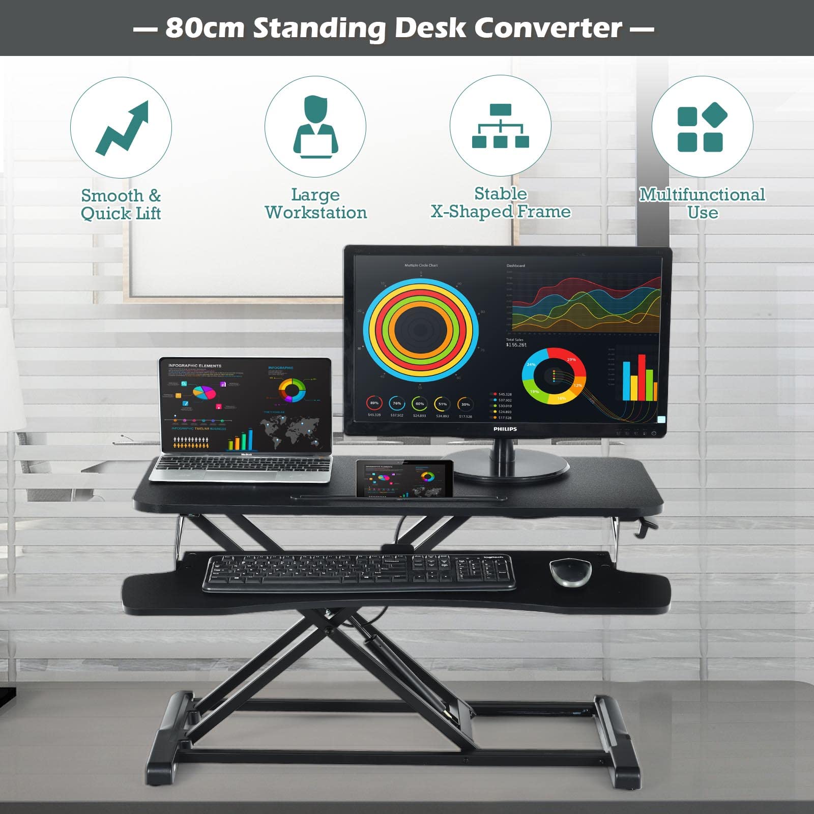 LIFEZEAL Schreibtischaufsatz höhenverstellbar, Stehschreibtisch Aufsatz mit Tastaturablage und Tablet-Halter, ergonomischer Stehpult Aufsatz Schreibtisch, für Monitor oder Laptop (Schwarz)