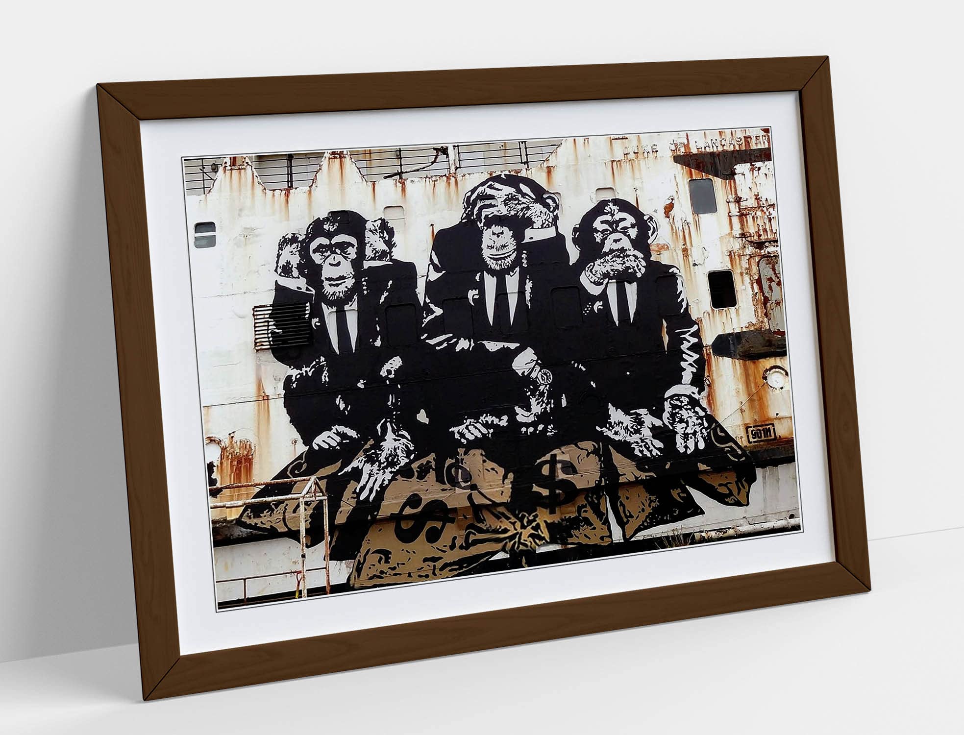 Canvasartshop Full Colour Banksy Three Wise Monkeys Wall Art, Premium Framed Print, Modern Street Art, 76 X 51 Cm (A3, Walnut)