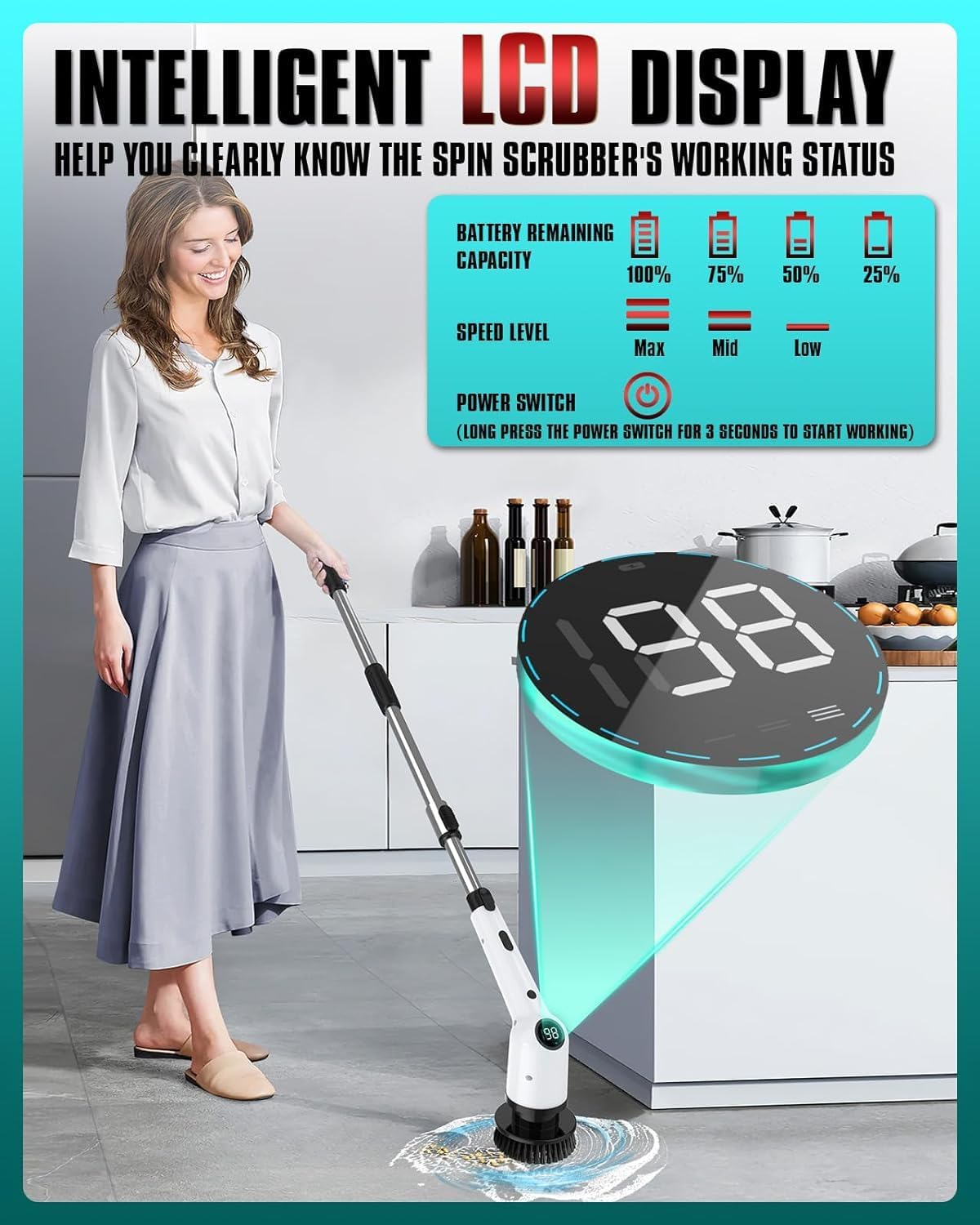 Electric Spin Scrubber, 2024 Upgrade Cordless Shower Scrubber with Power Display Screen Extension Handle, 8 Brush Heads 3 Adjustable Speeds 420 RPM, Power Cleaning Brush for Bathroom Tub Grout Bathtub