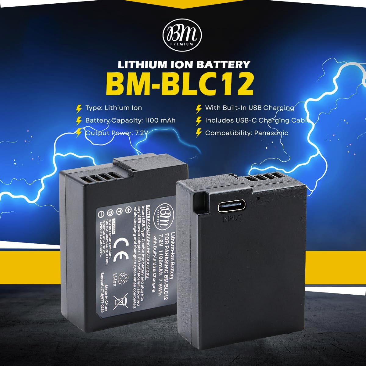 BM DMW-BLC12 Battery with Built-in Charging Port Compatible with Panasonic Lumix DC-FZ1000 II DC-G95 DC-G97 DMC-G85 DMC-GH2 DMC-G5 DMC-G6K DMC-G7 DMC-GX8 DMC-FZ200 DMC-FZ300 FZ1000 DMC-FZ2500 Cameras