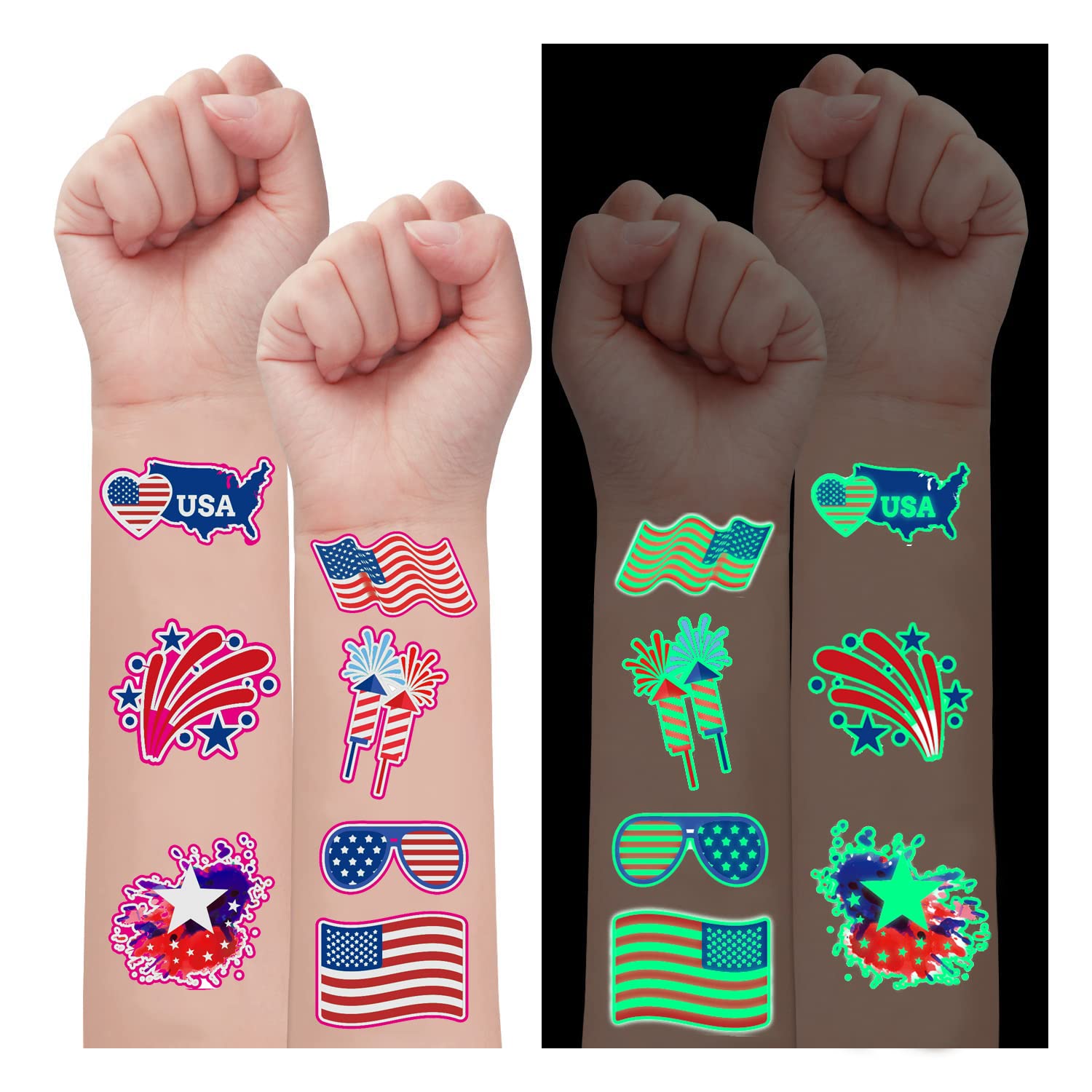 70PCS 4th of July Decorations Temporary Tattoos，Red White and Blue Party Supplies，Fourth of July Glow in The Dark Sticker Patriotic Party Decorations