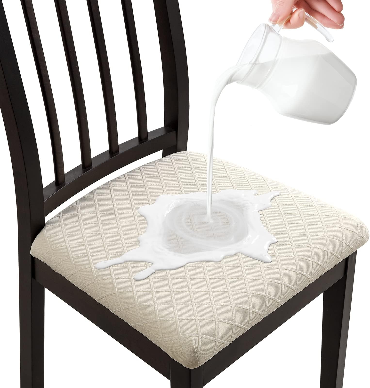 Chair Seat Covers Set of 6, Waterproof Dining Room Chair Covers, Stretch Jacquard Removable Washable Kitchen Chair Seat Protector Slipcovers (6, Waterproof-Beige)