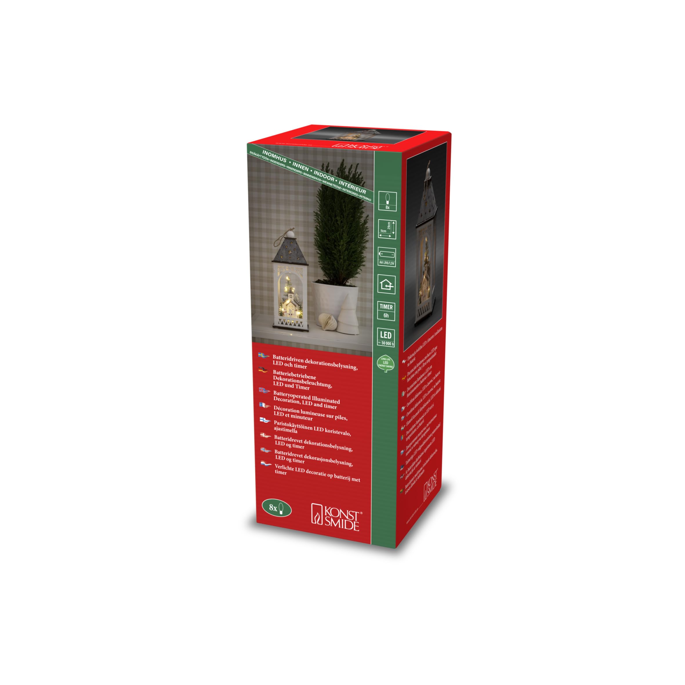Konstsmide LED houten silhouet huis en markt, wit, 6H timer, 10 warm witte diodes, werkt op batterijen, binnen, 2 x AA 1,5V (excl.) - 3278-210
