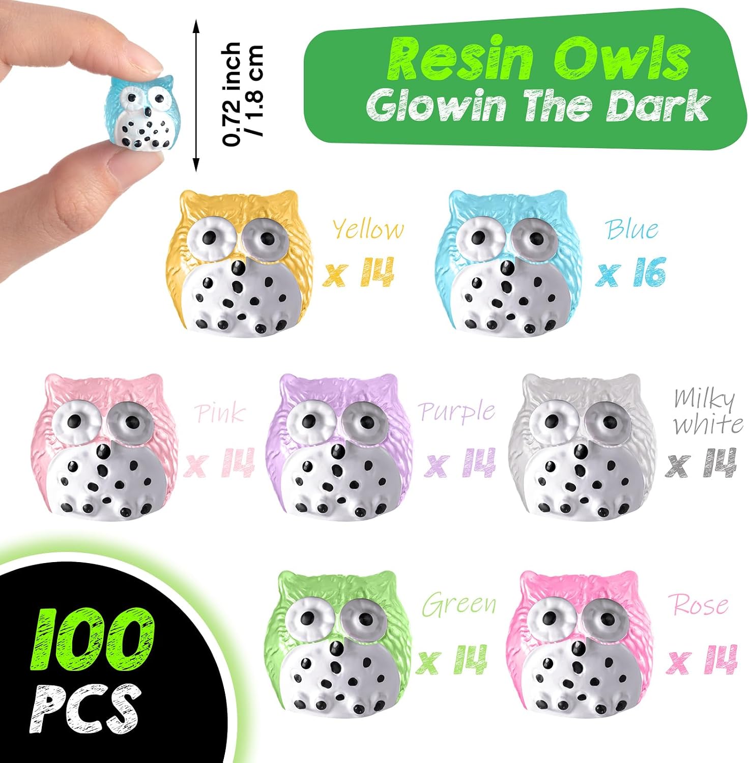 Geelin 100 Pcs Luminous Mini Resin Plastic Owls Glow in The Dark Miniature Resin Animal Figures to Hide Tiny Owls Bulk for Mini Garden Landscape Accessories, Doll House, Car, Potted Plant Decor