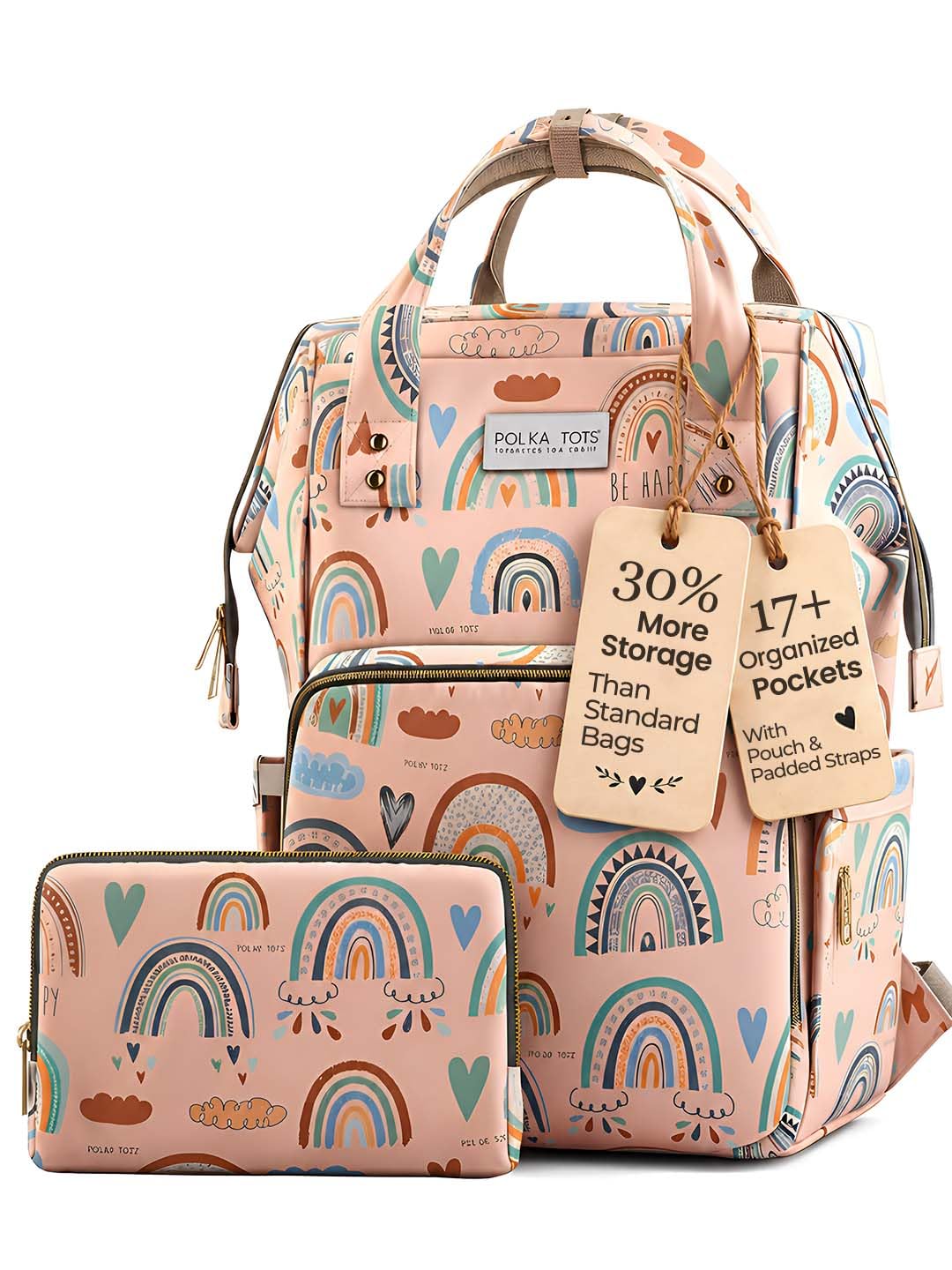 POLKA TOTS Premium Baby Diaper Bags For New Born with Pouch for Mothers | Maternity Waterproof Bags for Travel | Multiple Pocket Backpack for Moms (Free Changing Mat,2 Stroller Hooks, Rainbow, Large)-image-48