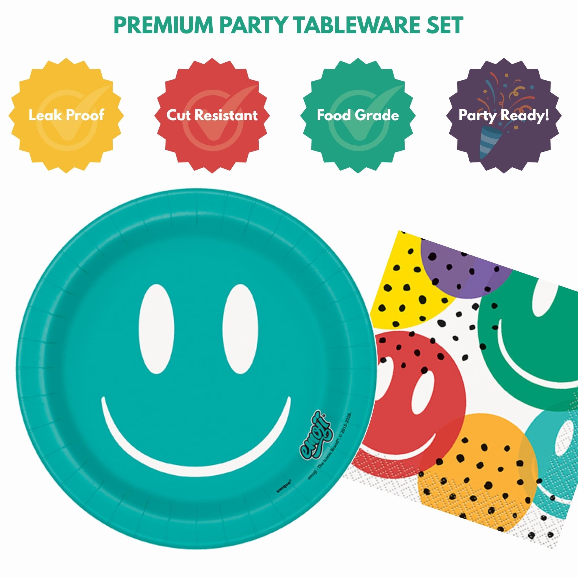 Emoji Party Surtido de platos de postre y servilletas de bebidas de papel de cara sonriente (sirve 16)