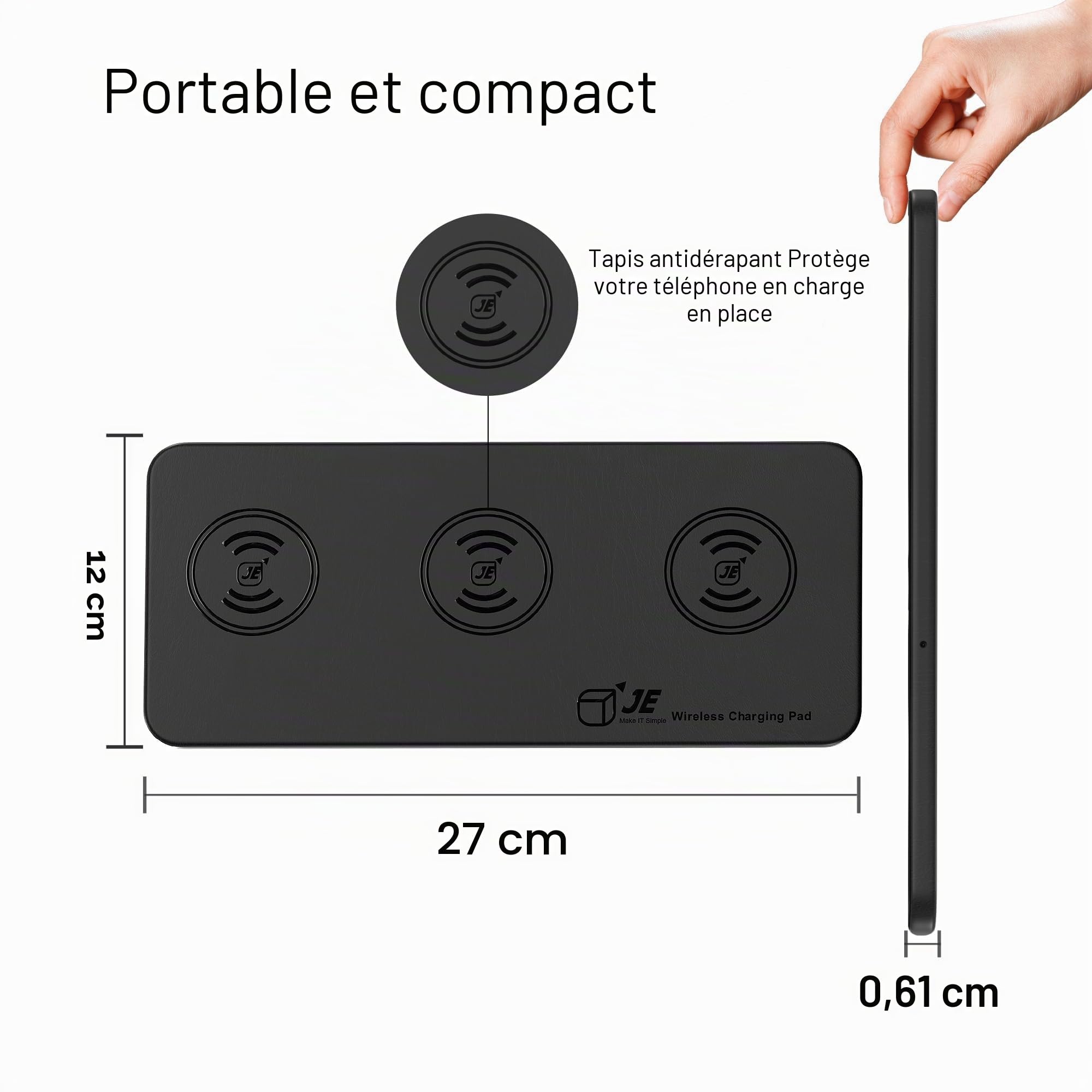 Chargeur Induction 3 en 1, Je 15W Wireless Charger Pad for iPhone 16/15/14/13/12/Pro/Max/Plus, AirPods 3/2 Pro, Station de Charge Maison/Bureau Chargement sans Fil(‎Noir)