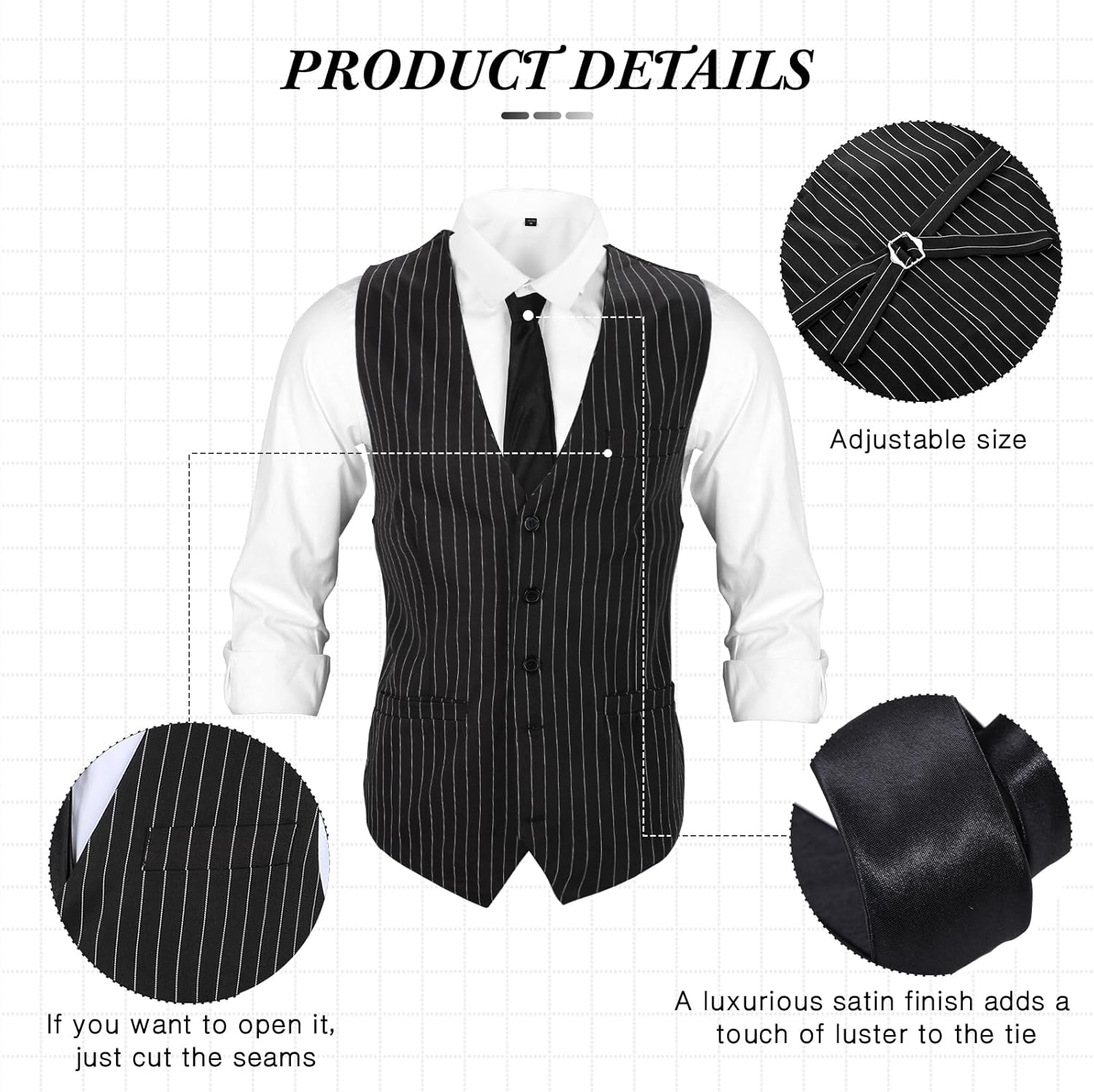 Neer 1920s Men Costume Accessories Outfit with Gangster Vest Hat Vintage Pocket Watch Bow Tie Suspenders Accessories - Image 6