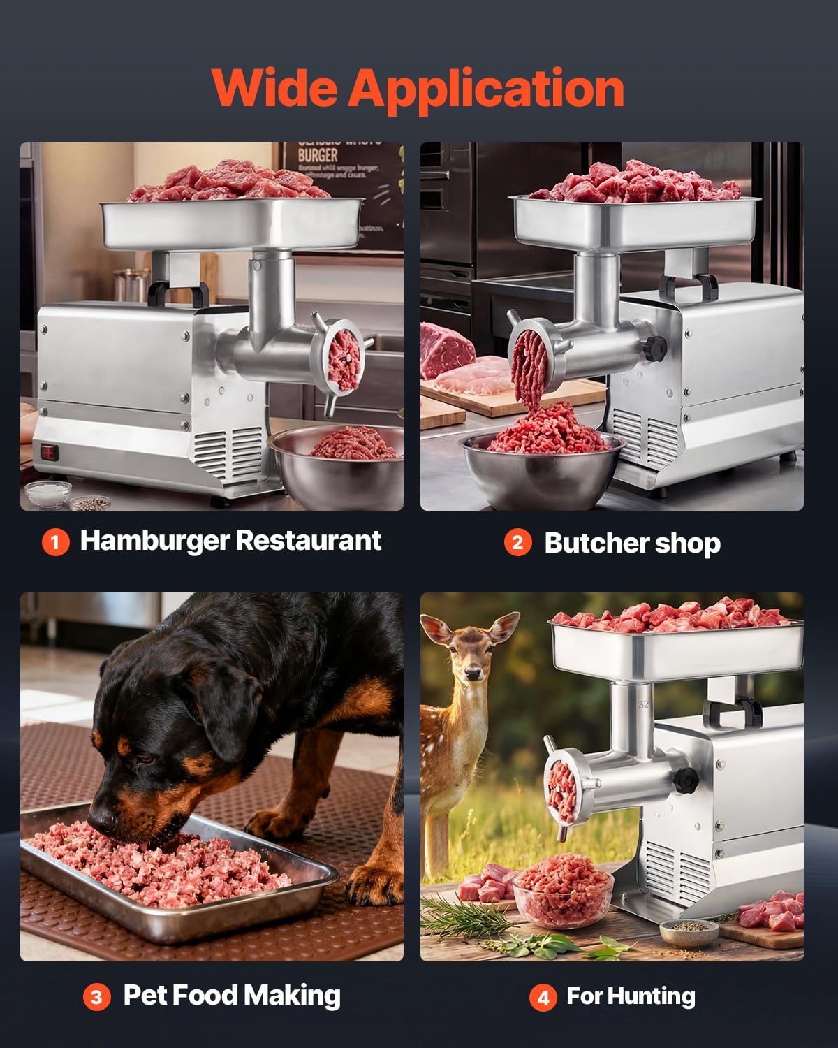 VEVOR Tritacarne Elettrica 1100 W da Cucina in Acciaio Inox, Tritacarne Capacità 9,5 kg/min con 3 Dischi 3 Tubi per Salsicce Salami Carne con Piedini Antiscivolo, Cucina Commerciale Ristorante Hotel