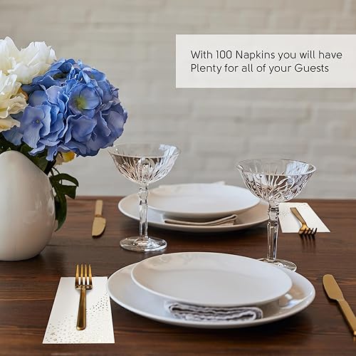 Miniatura 7 de Elegantes servilletas de estrella dorada, 100 servilletas de cena blancas y doradas, servilletas doradas desechables de 7.5 x 4.25 pulgadas,