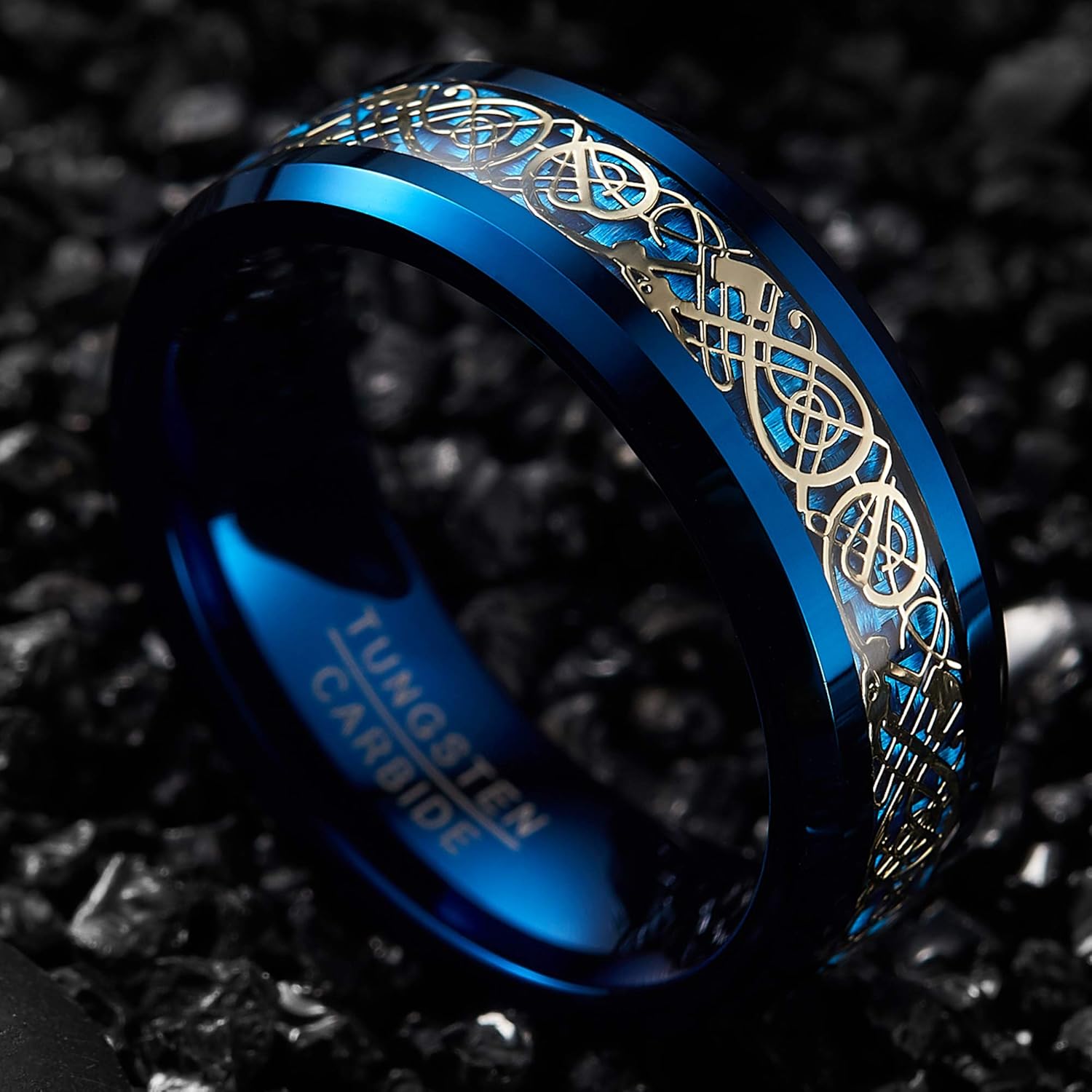 NUNCAD Men's Ring Boys 8mm Tungsten Carbide Engagement Ring Black Celtic Dragon Green Carbon Fiber Wedding Band Size 5-15
