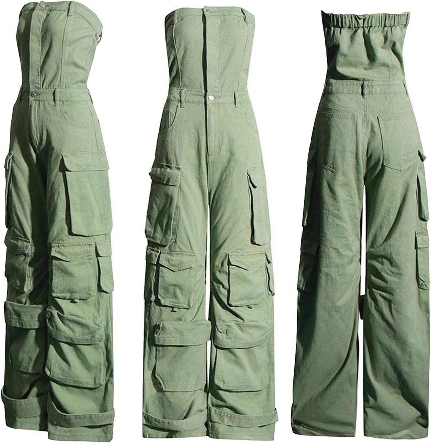 Tbahhir Women's Sexy Off Shoulder Tube Denim Cargo Jumpsuits Wide Leg Baggy Loose Jean Pants Rompers Overalls - Image 5