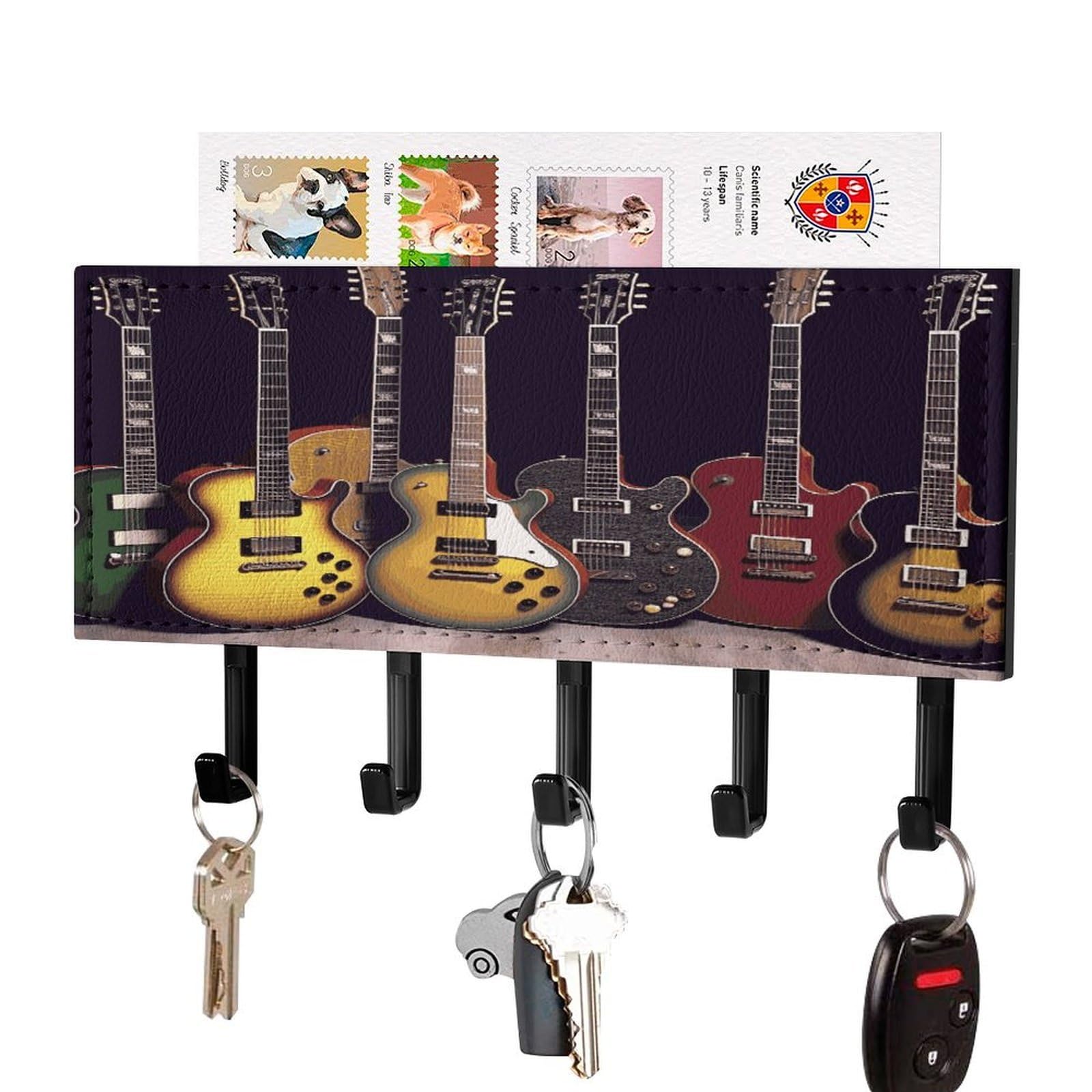 Jtrehy Black-Style Guitar Collection Key Holder Wall Mount Decorative Key And Mail Holder Pu Leather Adhesive Key Organizer Hanging Key Hooks Wall Shelf With 5 Hooks For Entryway Hallway Office