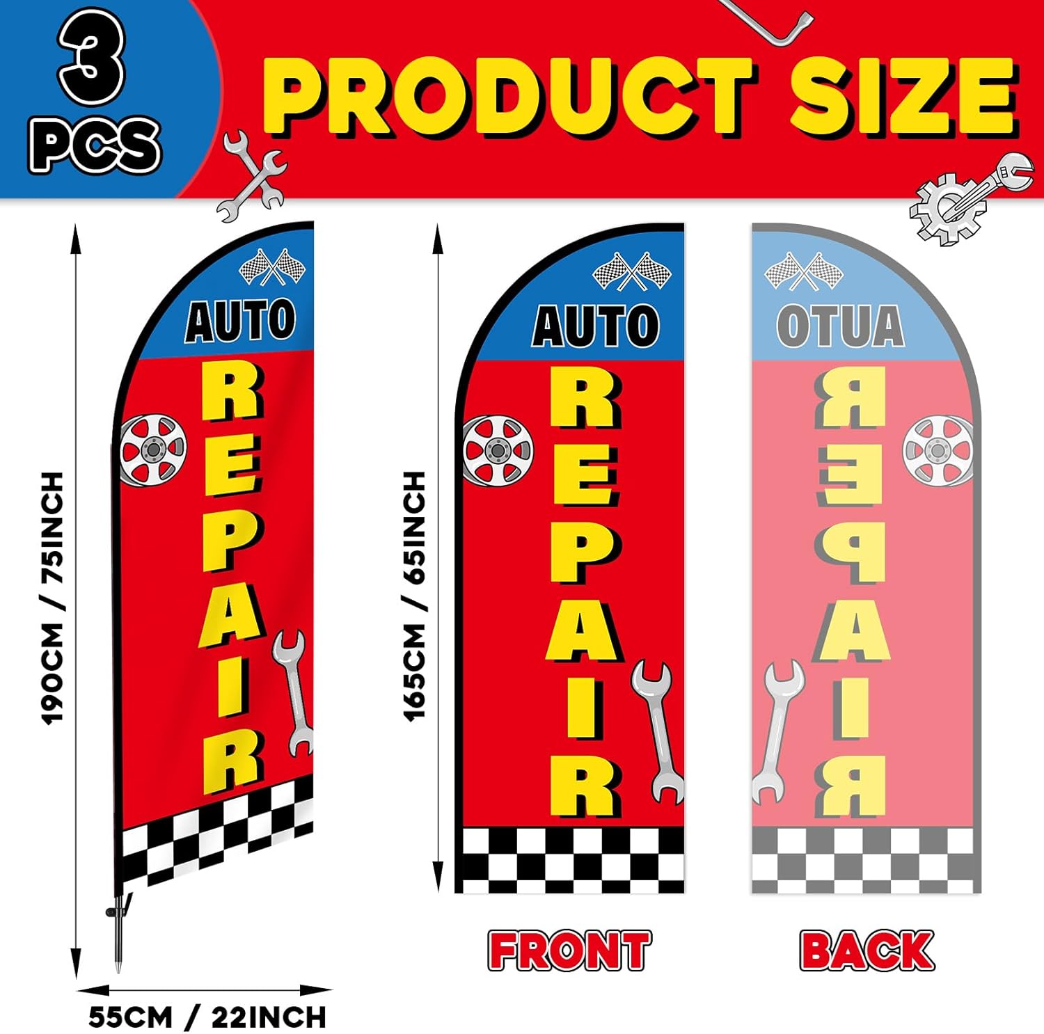 3 Pack Auto Repair Shop Feather Flag Automotive Service Brake Swooper Flag Oil Change Advertising Banner Sign with Pole for Business Mechanics Automotive Car Repair Fix Mend Shops Store Supplies - Image 2