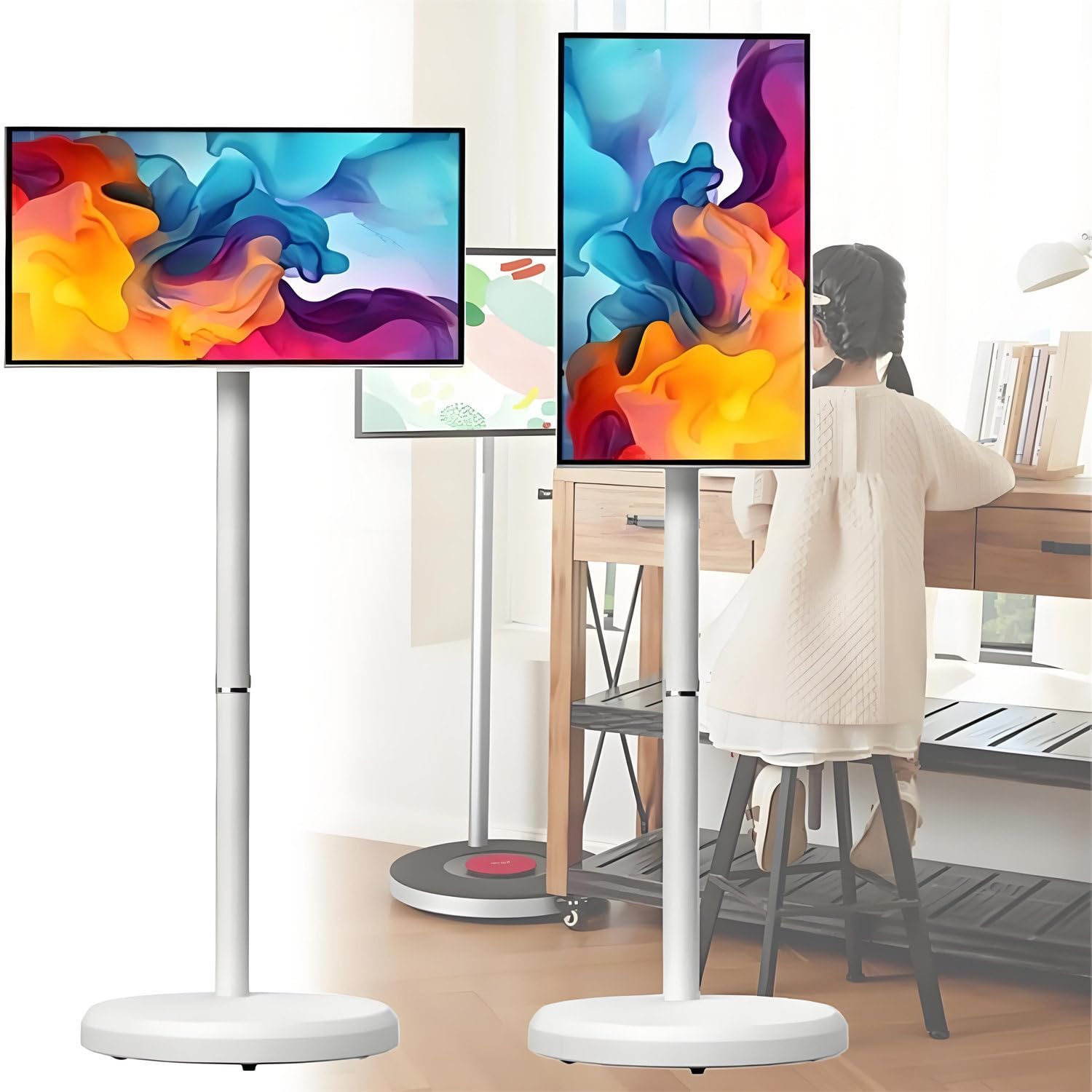 Televisor Inteligente Portátil, Soporte Móvil TV | Monitor Táctil Pie | Televisor Inalámbrico con Ruedas | Batería Integrada, Rotación Completa, 8 GB Ram + 128 GB Almacenamiento 24inches