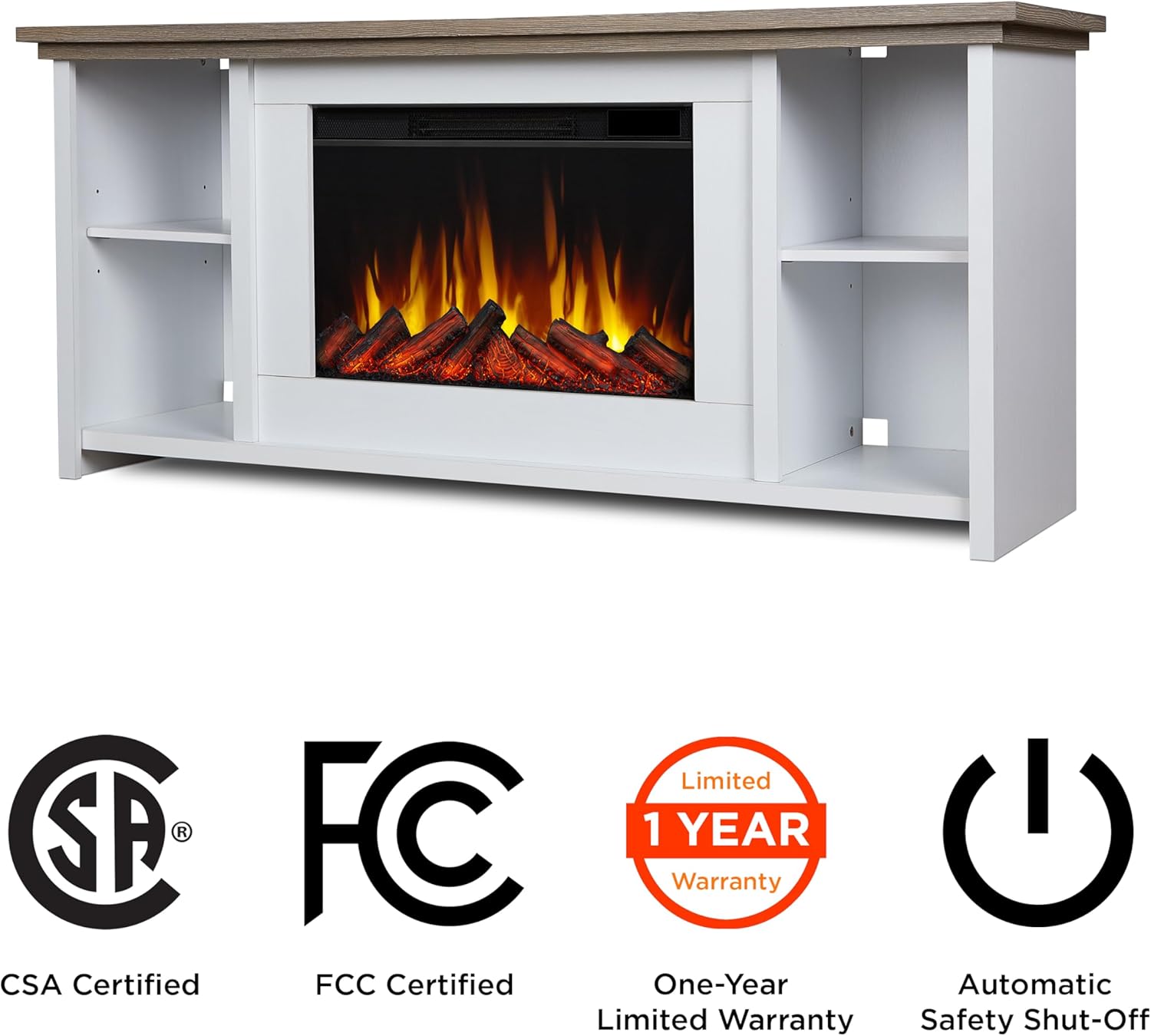 Real Flame Tramore 62" Slim Electric Fireplace TV Stand for TVs up to 60 inches, Entertainment Center with Adjustable Shelves and Storage, TV Stand for Living Room and Bedroom, Remote Control, White