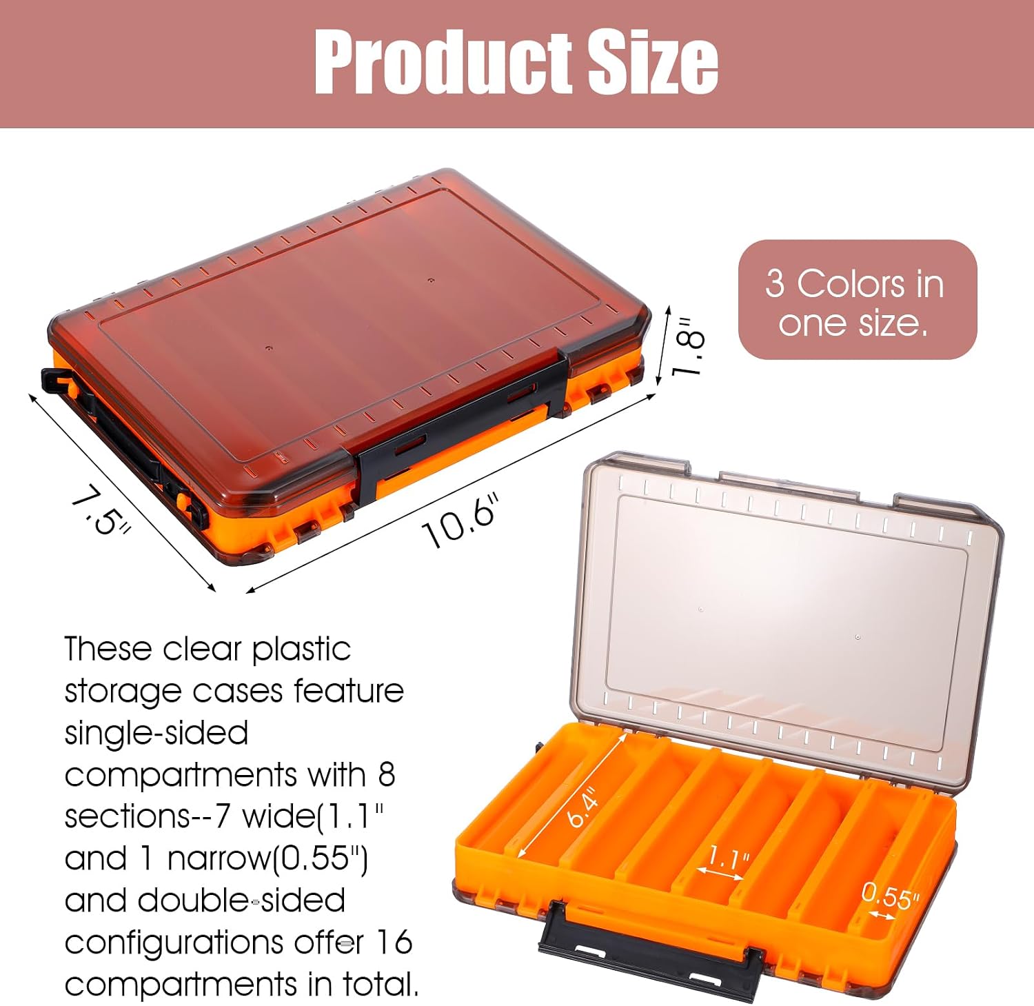 3 Pack Fishing Lure Boxes Tackle Storage Plastic Double Sided Fishing Tackle Organizer with Dividers for Hooks Crankbaits Kayak Boat Freshwater Saltwater Orange Gray Yellow 10.6" × 7.5" × 2.0"