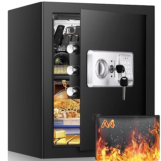 Tepafac 2.3 Cub Fireproof Safe for Home Use, Anti-Theft Large Home Safe Fireproof Waterproof with A4 Fireproof Bag&Removable Shelf, Fireproof Waterproof Safe Box for Money Firearm Medicine A4 Document