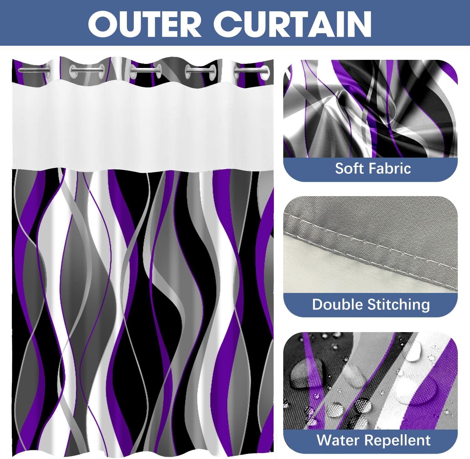 Nkzply No Hook Shower Curtain and Liner Set Purple Striped Shower Curtain with Snap in Liner Fabric Modern Black Grey Bathroom Set See Through Top Window Washable 71x74 Inch