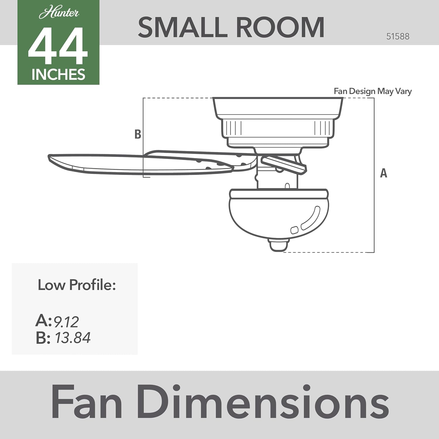 Hunter 44 inch Indoor Ceiling Fan with LED Light - Low Profile Flush Mount White Ceiling Fan with Pull Chain, For Bedroom, Living Room, or Kitchen, No Remote, 5 Blades - Fitzgerald 51588, Matte White