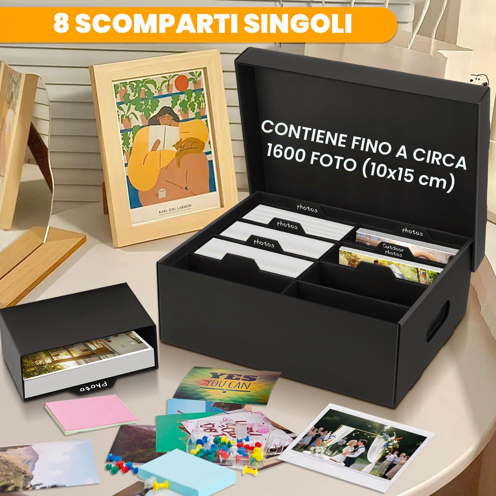 2 Scatola Portafoto 10 x 15 cm, con 8 Scatole Interne per Foto, Organizer per Foto, Scatola Portaoggetti in Cartone, Scatola Porta per Fotografie con Coperchio, per Cartoline, Artigianato