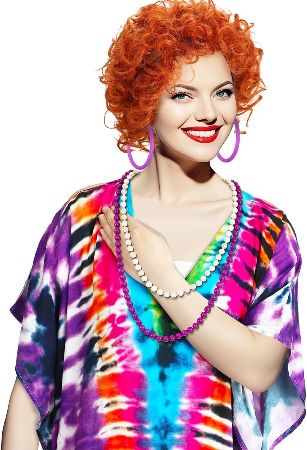 5 Pcs Halloween Women Landlady Costume Set with Caftan Dress Curly Wig Bead Necklace Earring for Cosplay Party
