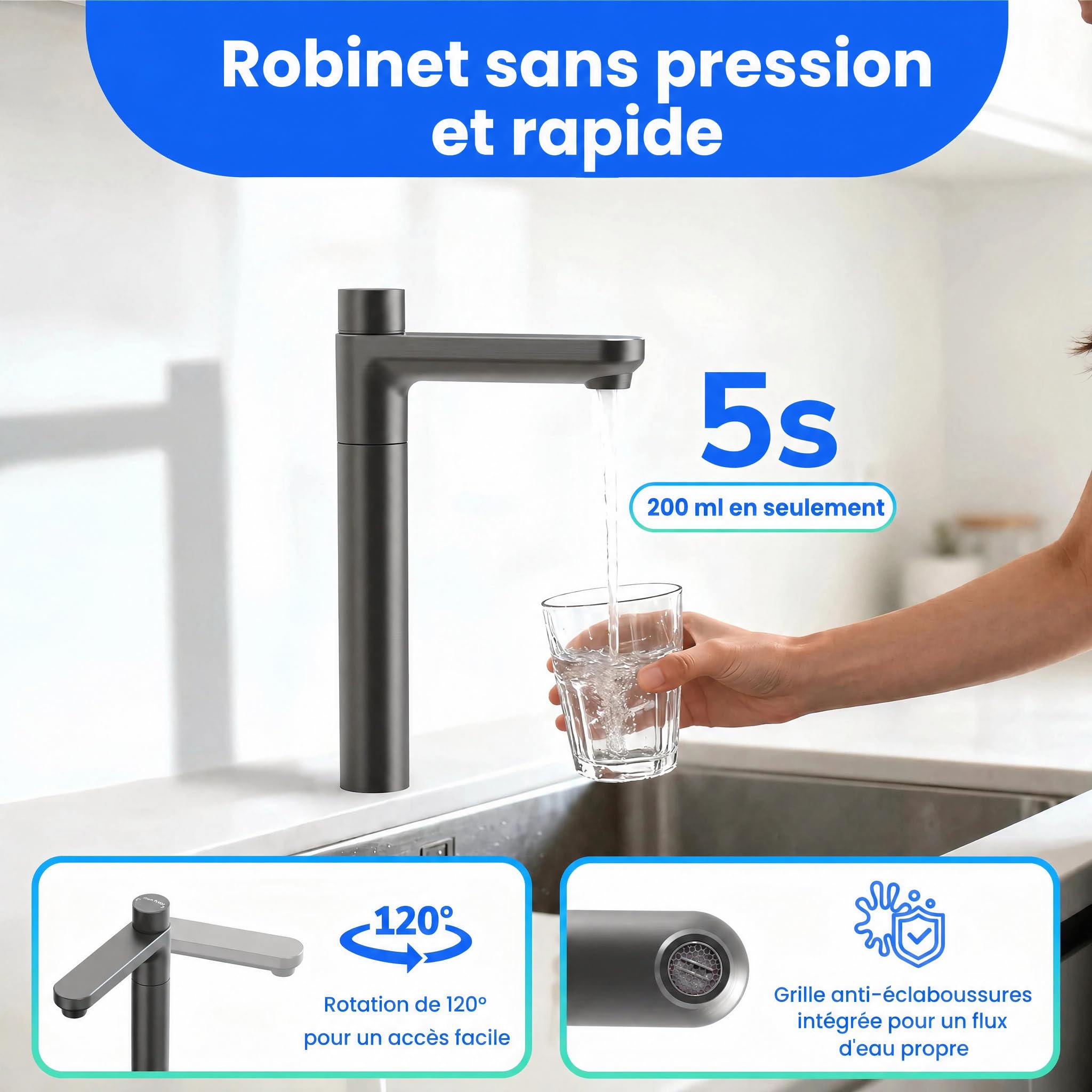 Ecoviva UF 800GPD Filtre à eau sous évier à ultrafiltration 0,01 μm, normes NSF 53/42/61/372, sans réservoir, ultra-compact, sans électricité ni eaux usées, conserve les minéraux, TDS inchangé