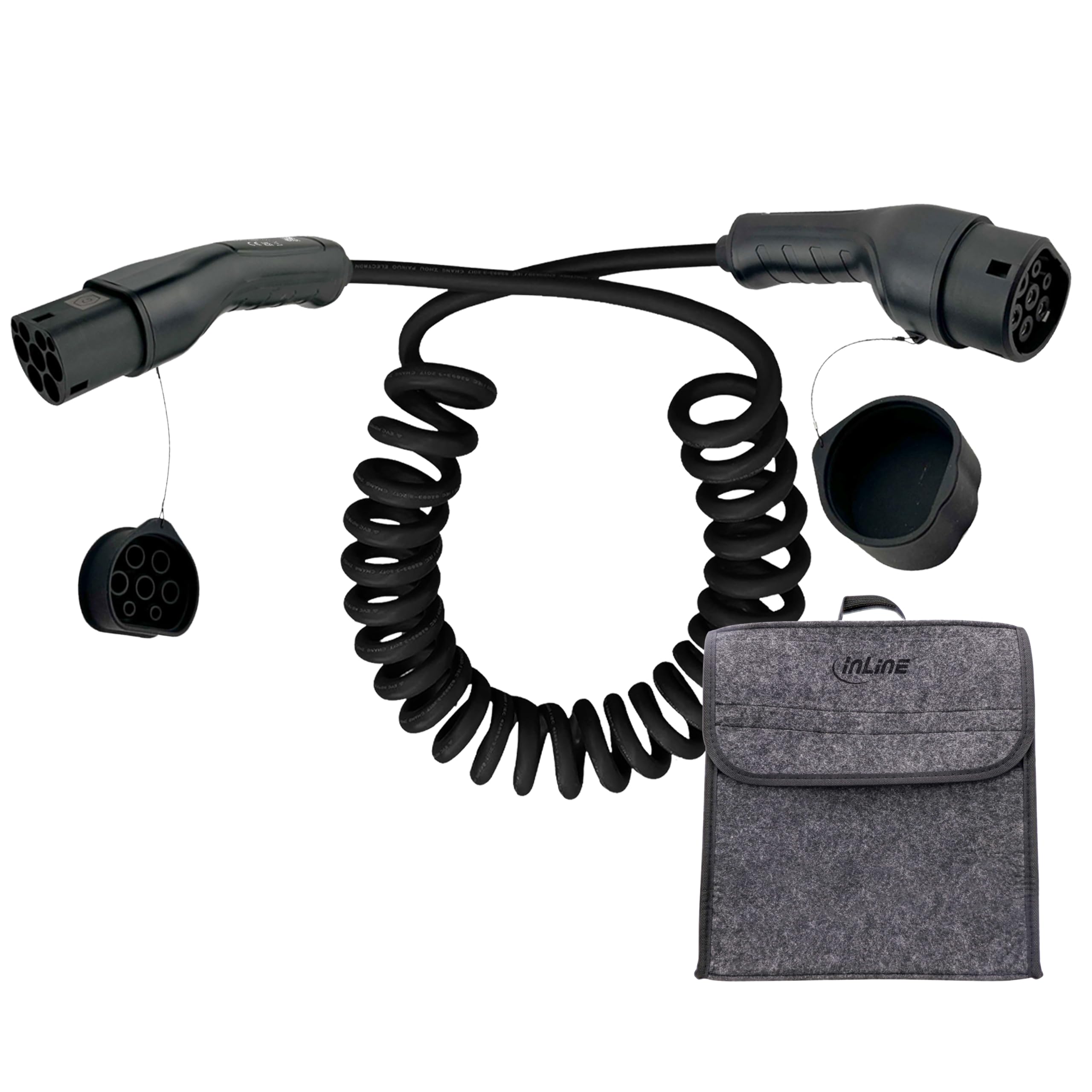 InLine EV 16277S - Cavo di ricarica a spirale per auto elettrica, 7,5 m, tipo 2 EN 62196, con custodia, 11 KW MAX./7,4 KW/3,7 KW, 16A, 3 fasi, compatibile con modelli come i3, iX, ID.3, ID.4 e altri,