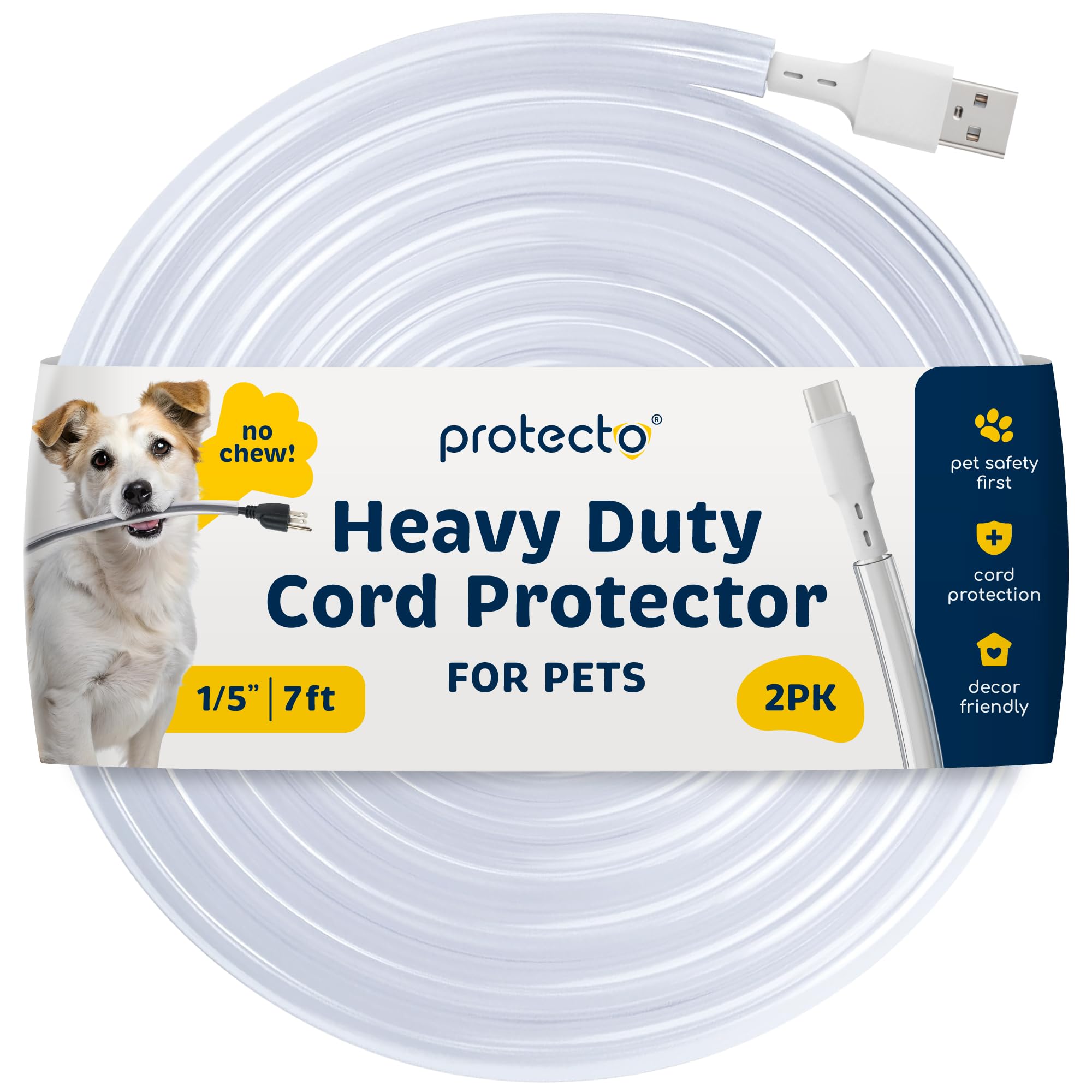 PROTECTO 2-Pack Heavy Duty Cord Protectors from Pets No Chew Solution, 7ft Easy to Use Dog & Cat Cord Protector, Clear & Odorless Critter Cord Covers for Pets, Power Audio Video Wire Protector Tubing