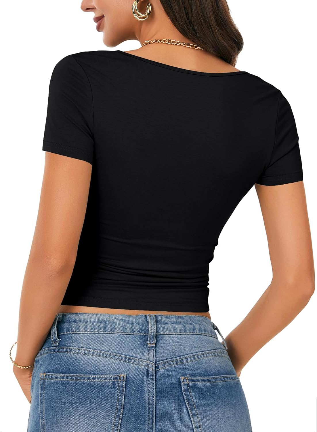 Rooscier Women's Cute Tops Lace Trim Knot Square Neck Short Sleeve Slim Fitted Tee Shirts Going Out Blouse - Image 5