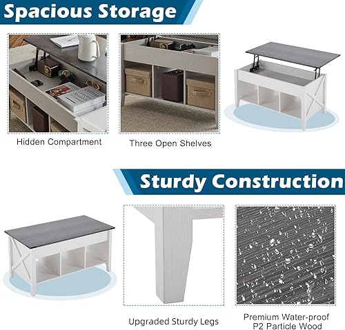 Miniatura 3 de VINGLI Farmhouse - Mesa de centro elevable, color gris rústico con estante de almacenamientocompartimento oculto, Mesa De Centro para Sala, marrón