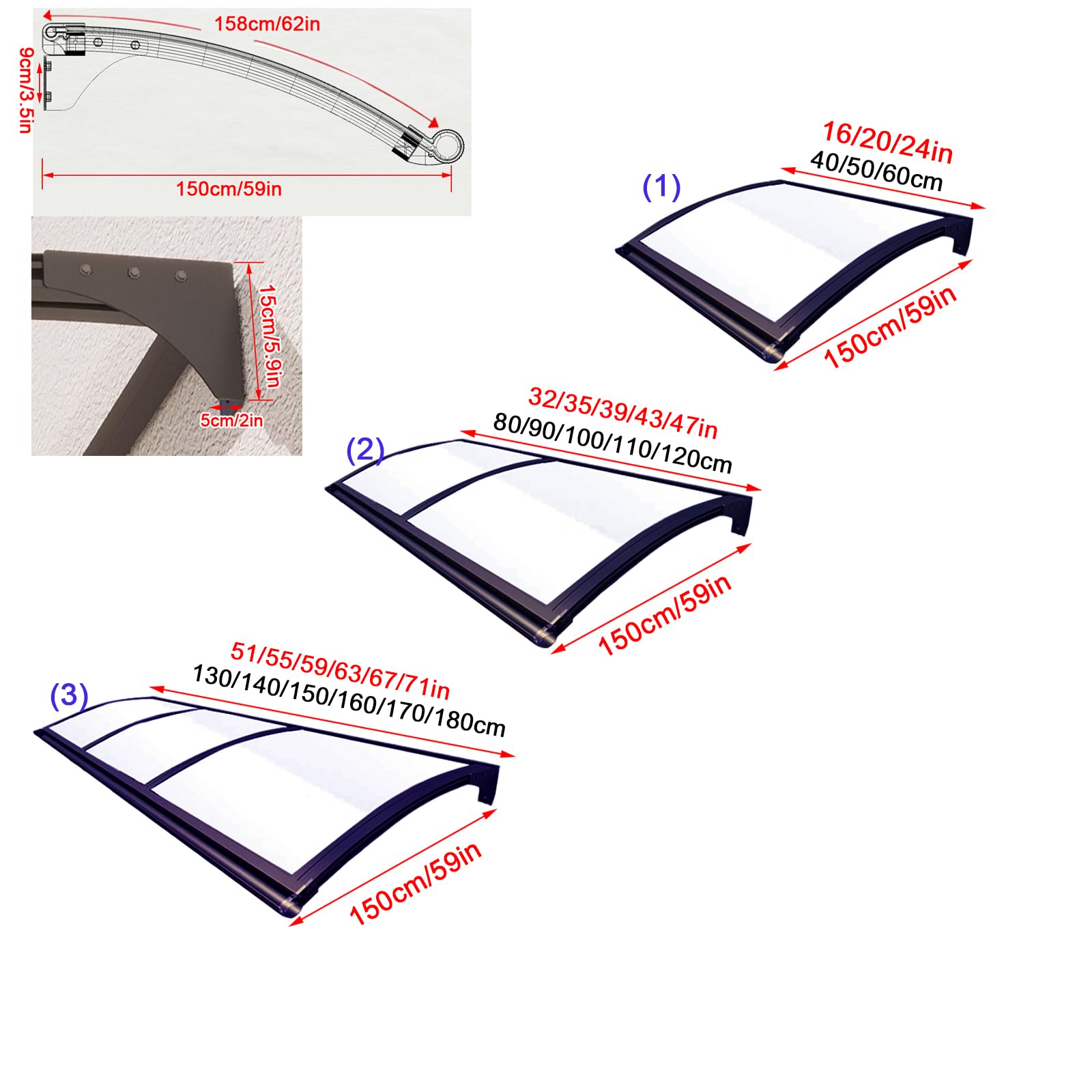 Zadaszenie zewnętrzne z żywicy UV - konstrukcja łuku przed drzwiami wejściowymi i osłona okna, zadaszenie ogrodowe z poliwęglanu (150 x 60 cm) - ochrona przed warunkami atmosferycznymi