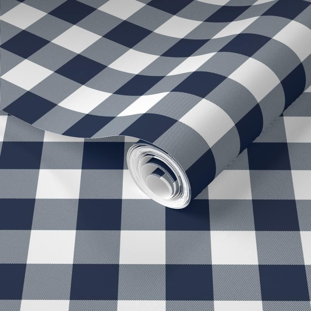 Spoonflower Removable Wallpaper 12ft x 2ft - Navy White Gingham Check Blue Buffalo Plaid Gender Neutral Kitchen Custom Pre-Pasted Wallpaper
