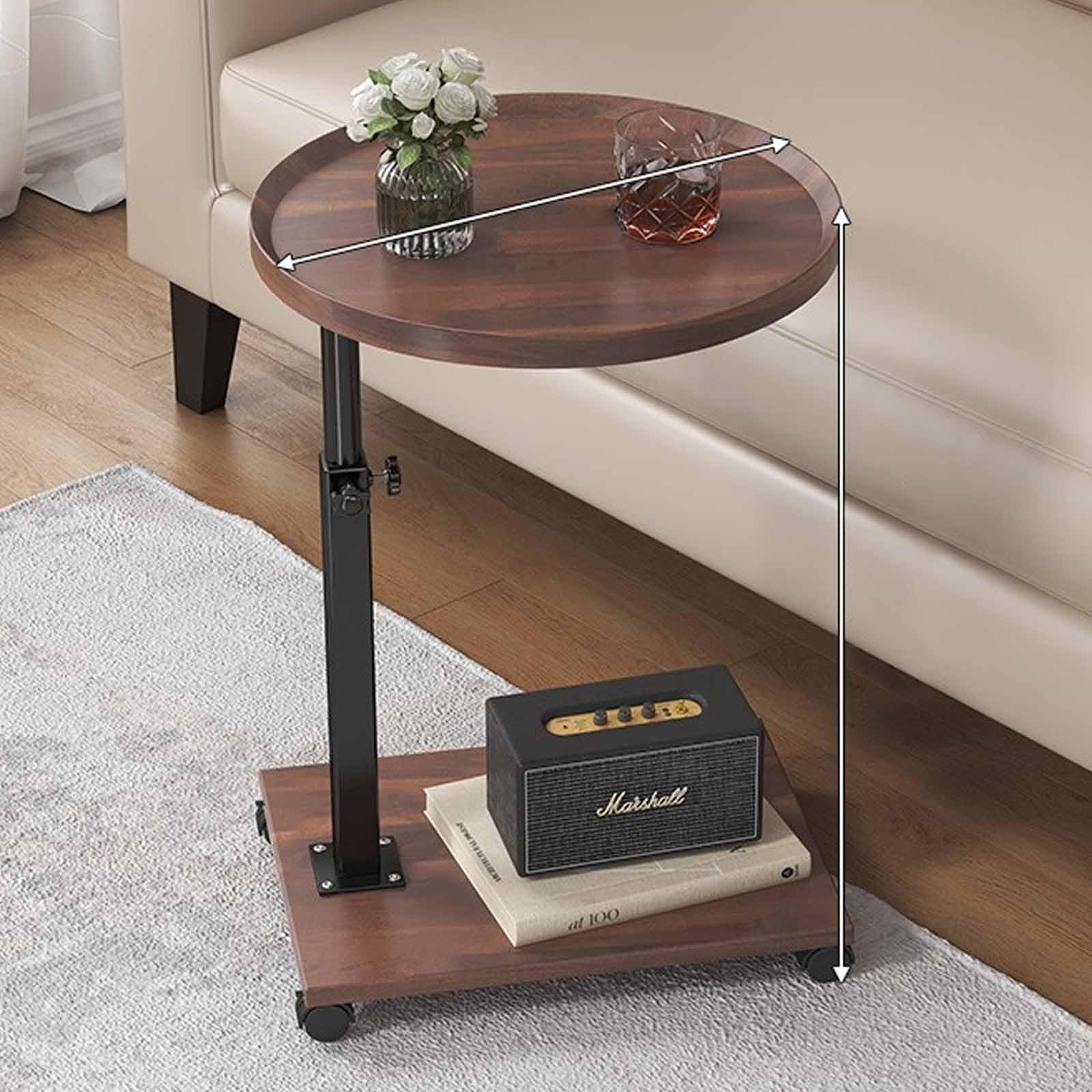 SXZenSpace Couch Side Table, Height Adjustable, End Table with 360° Rotating Tray, Slide under Small C Shaped Wheels, Snack for Sofa Living Room Bedroom,brown